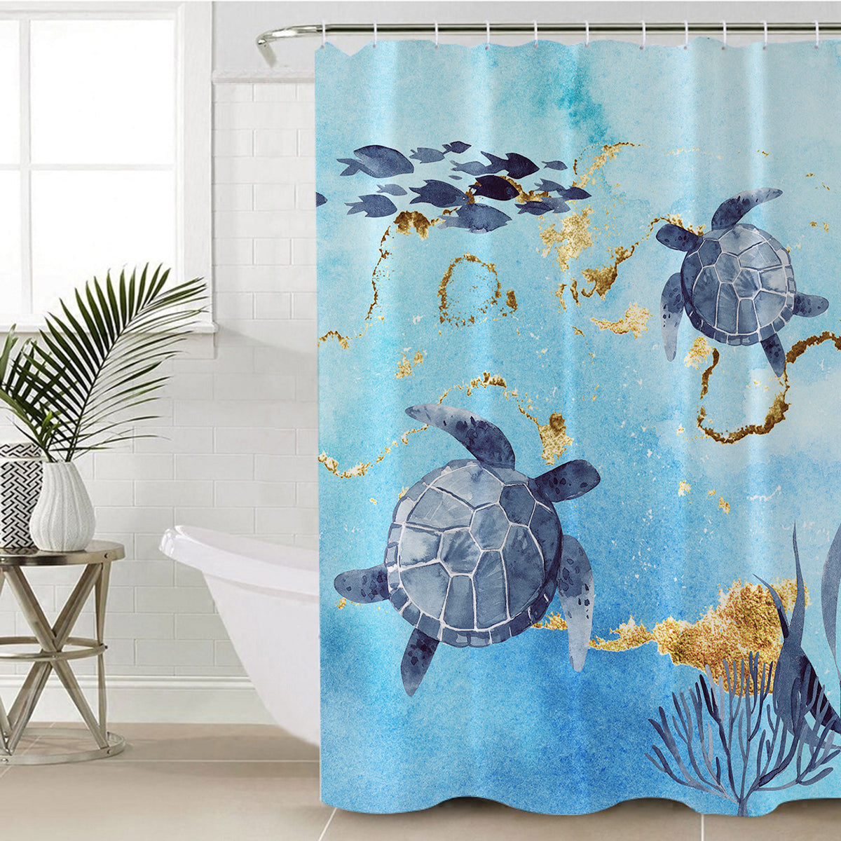 Golden Sea Turtle Bay Shower Curtain - Waterproof Bathroom Decor with Ocean Theme - Perfect for Beach House, Coastal Bathroom or Nautical Themed Home Decor
