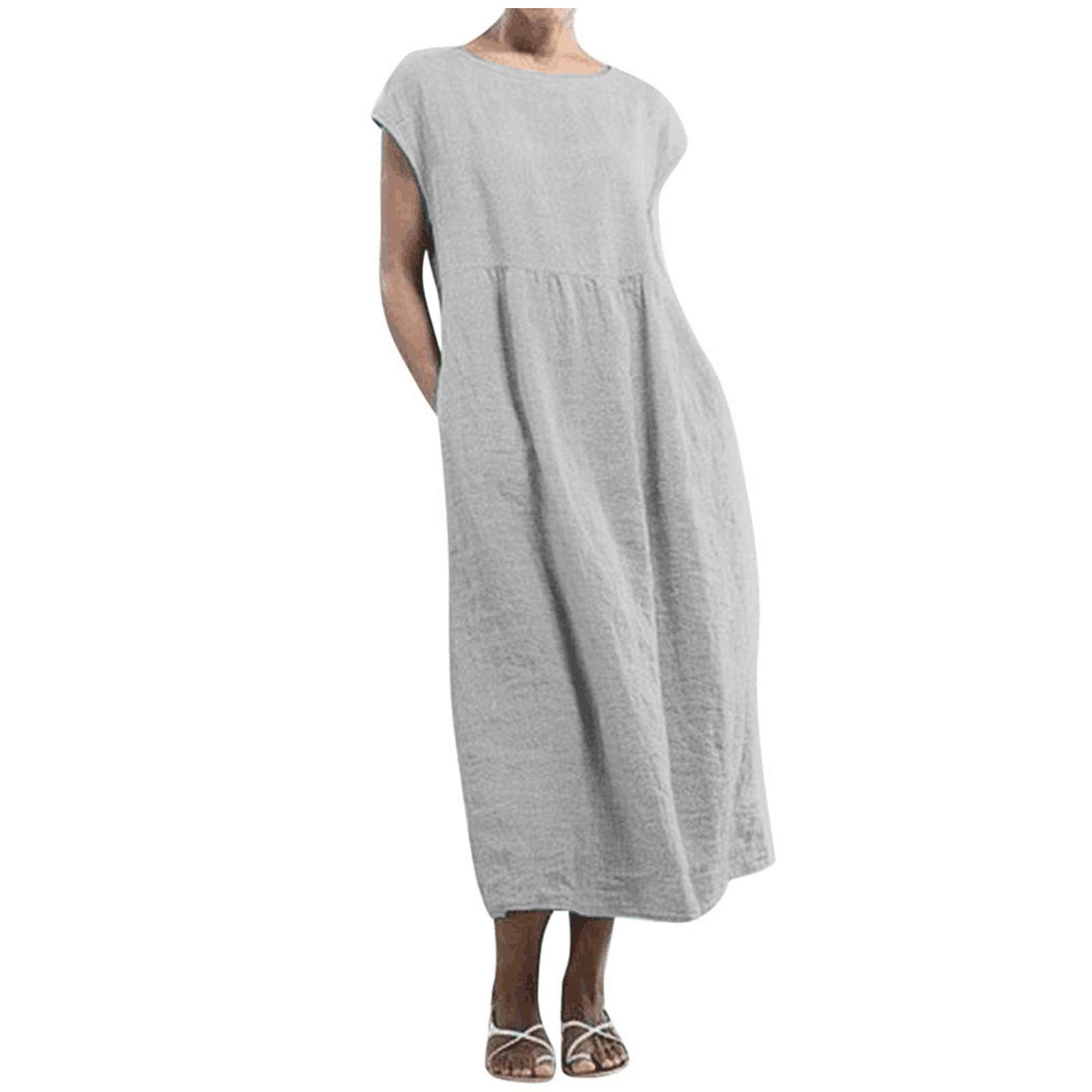 Vintage Maxi Dress for Women - Casual Linen Long Dress with Pockets | Crewneck Summer Dress | Perfect for Beach, Vacation & Everyday Wear