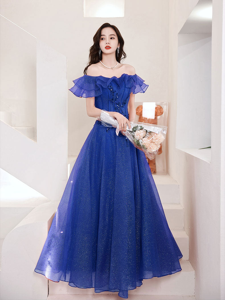 Elegant Blue Tulle Off Shoulder Long Prom Dress - A-Line Evening Gown for Formal Events, Homecoming, and Special Occasions