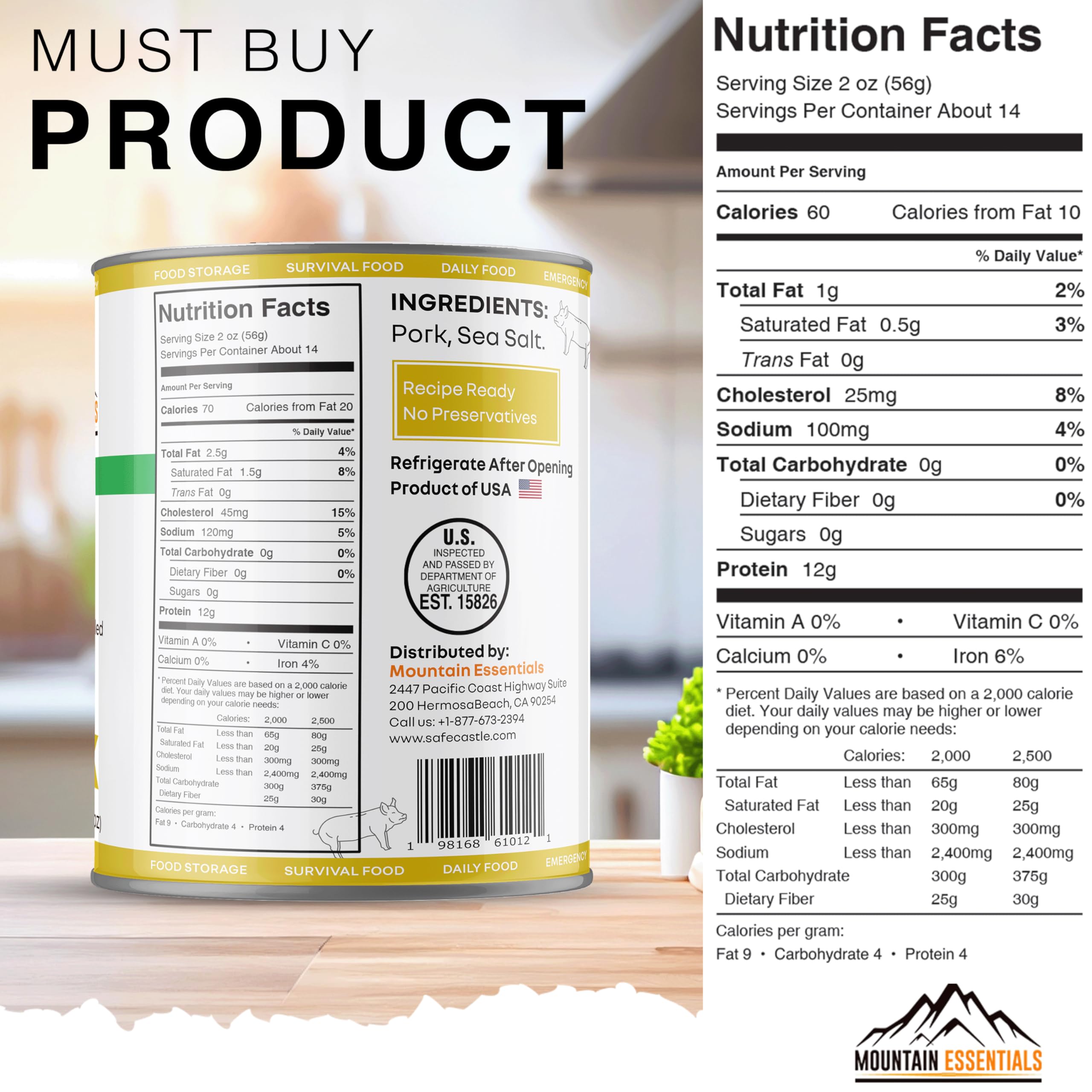 MOUNTAIN ESSENTIALS All Natural Canned Pork 28 Oz - Fully Cooked Ready to Eat Premium Meat for Emergency Survival, Backpacking & Camping | Shelf Stable Food Storage | Great for Meal Prep & Outdoor Adventures | Pack of 6