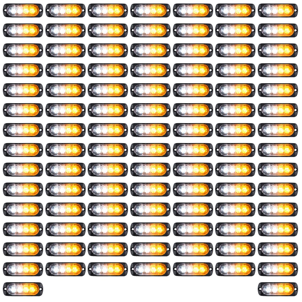 100pcs Amber/White Ultra Slim 12W 4-LED Warning Emergency Strobe Lights for Vehicles - Car, Truck, Jeep, 4x4, ATV, UTV, SUV, Van - Construction Zone Safety & Roadside Emergency Flashing Beacons