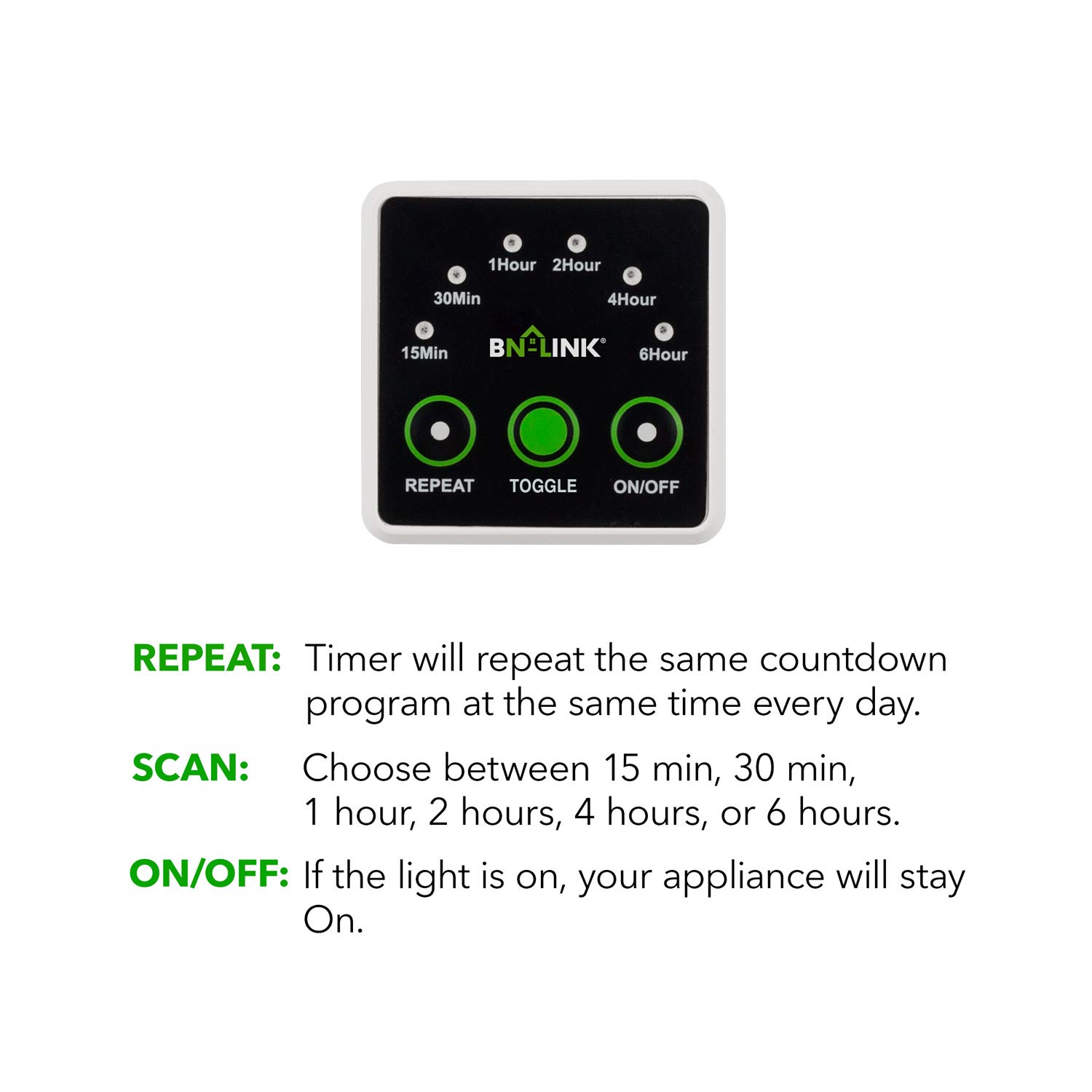 BN-LINK Smart Digital Countdown Timer with 3-Prong Outlet - 15A/1875W Heavy Duty Timer for Lamps, Lights & Appliances - Programmable Repeat Cycle Timer for Home, Office & Workshop Use