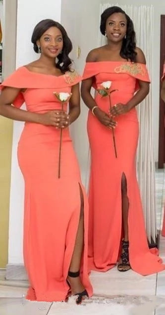 Elegant Orange Mermaid Off-Shoulder Side Slit Long Bridesmaid Dress - WG1174 | Perfect for Beach Weddings, Formal Events & Evening Parties