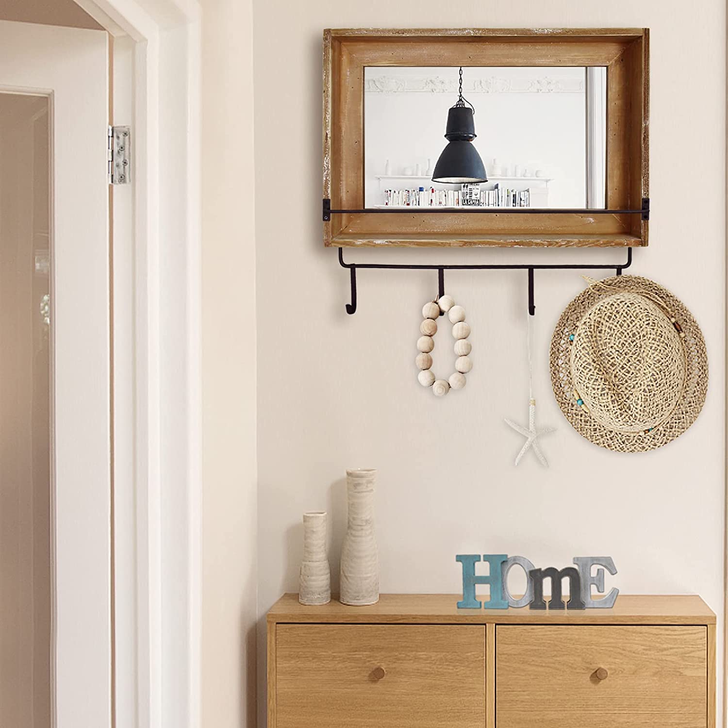 Rustic Brown Farmhouse Wall Mirror with Hooks - 23.6