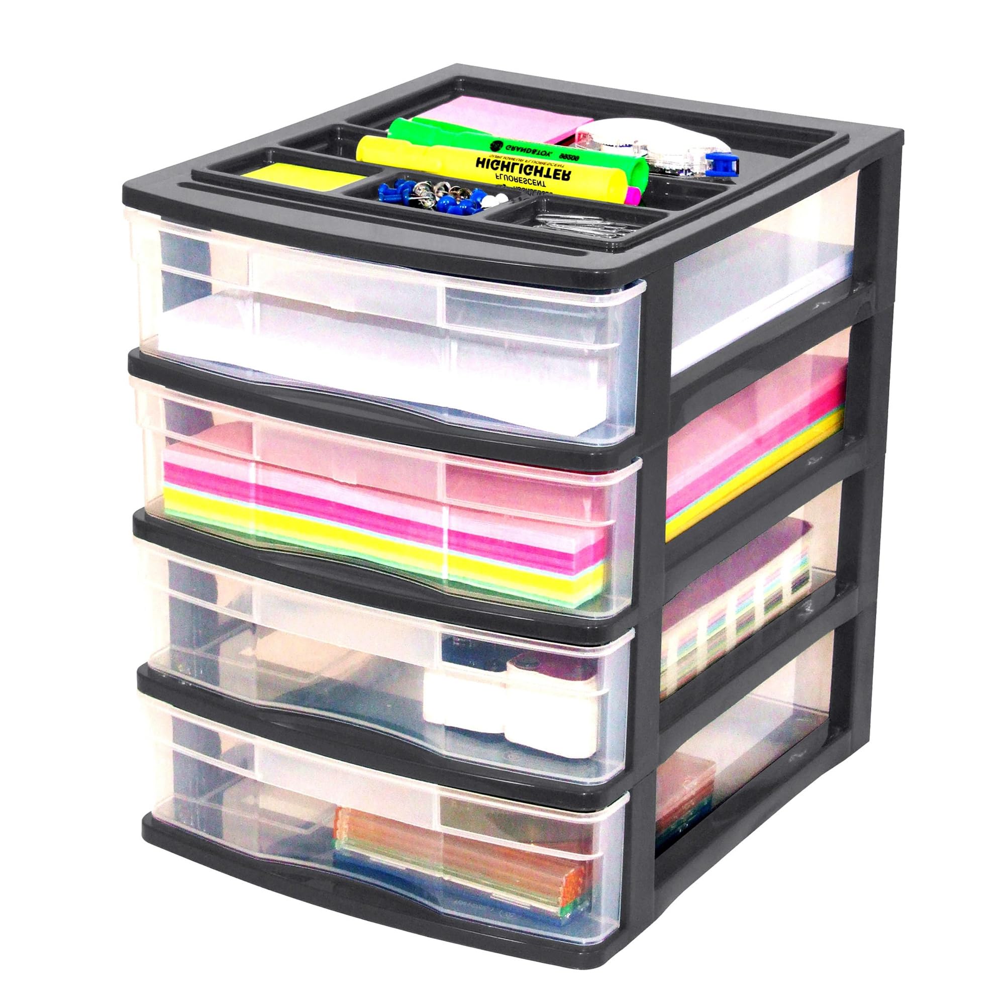 Gracious Living 4-Drawer Desktop Organizer - Black/Clear Storage Box for Office, School & Craft Supplies (4-Pack) | Perfect for Desk Organization, Classroom Storage & Craft Room Accessories