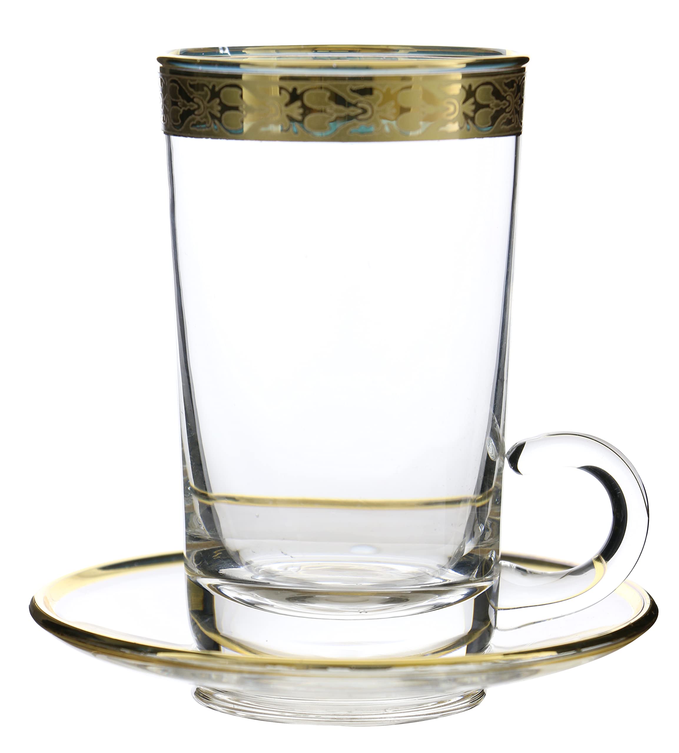 Premium Italian Glass Tea Cups and Saucer Set - 6 Piece Elegant Gold Trimmed Tea Set for Afternoon Tea, Gifts & Home Decor
