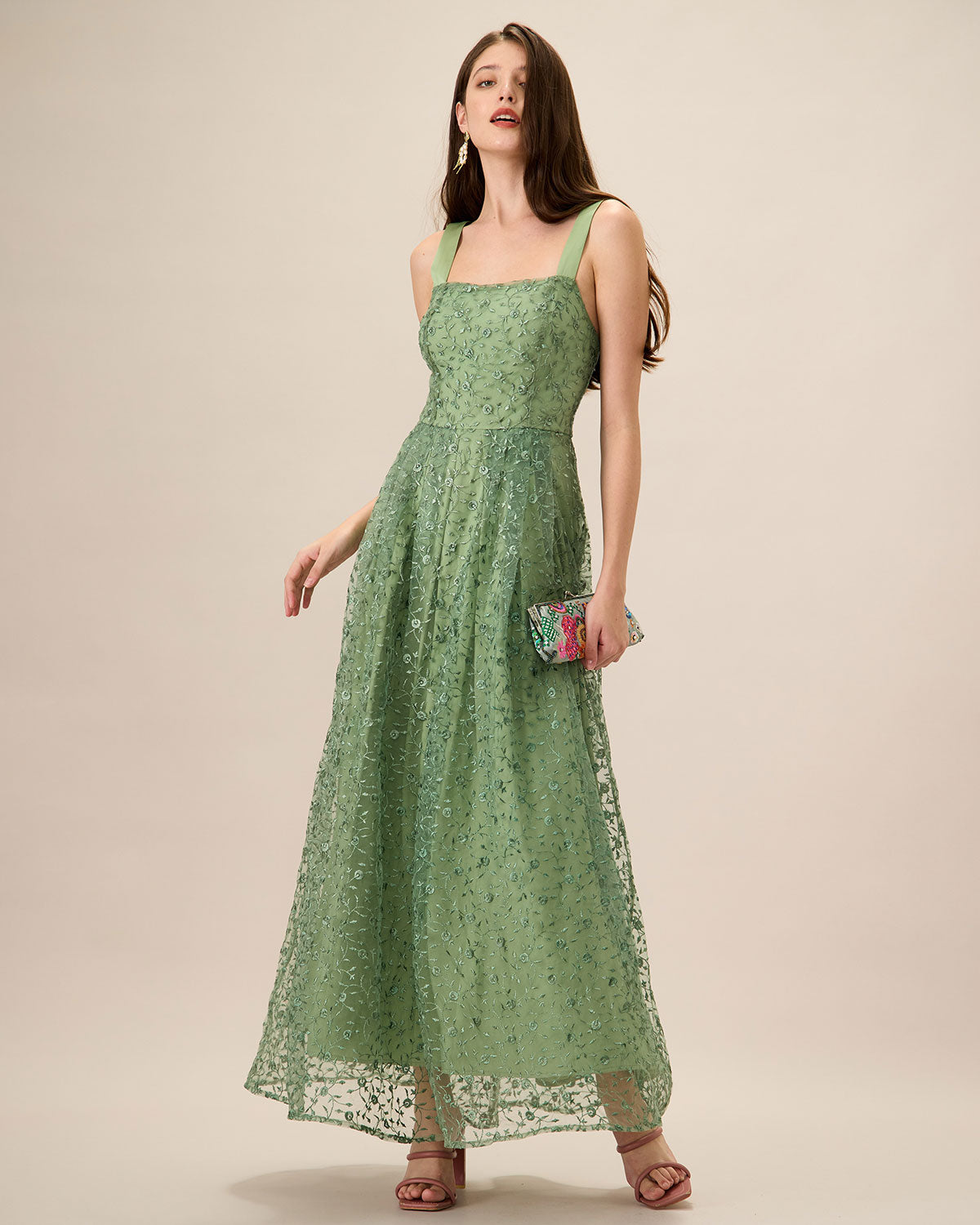 Elegant Women's Green Embroidery Mesh Slip Maxi Dress - Flowy Summer Evening Gown for Beach Wedding, Party & Vacation