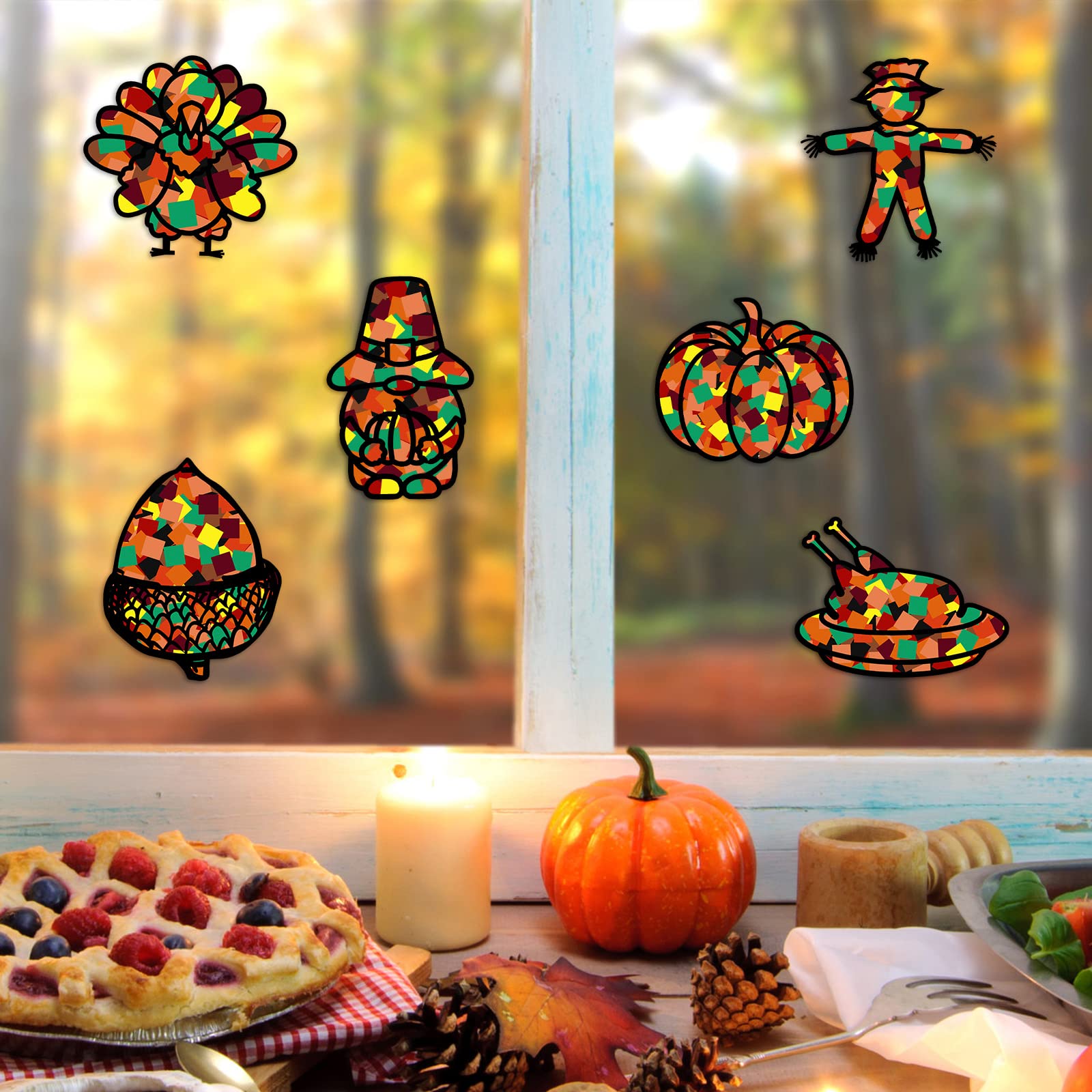 Gueevin 18 Sets Thanksgiving Stained Glass Suncatcher Kit - DIY Window Art Crafts with Tissue Paper & Glue Sticks for Kids, Classroom Decor, Holiday Home Decoration | Perfect for Thanksgiving Activities, Children's Art Projects & Seasonal Window Displays