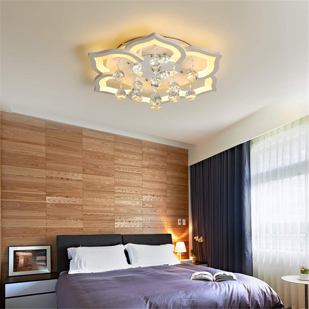 NIUYAO Modern White Flower Shape Ceiling Light with Crystal Ball - Minimalist Flush Mount LED Fixture, 6 Integrated Warm Lights (Bulbs Included) 21.5