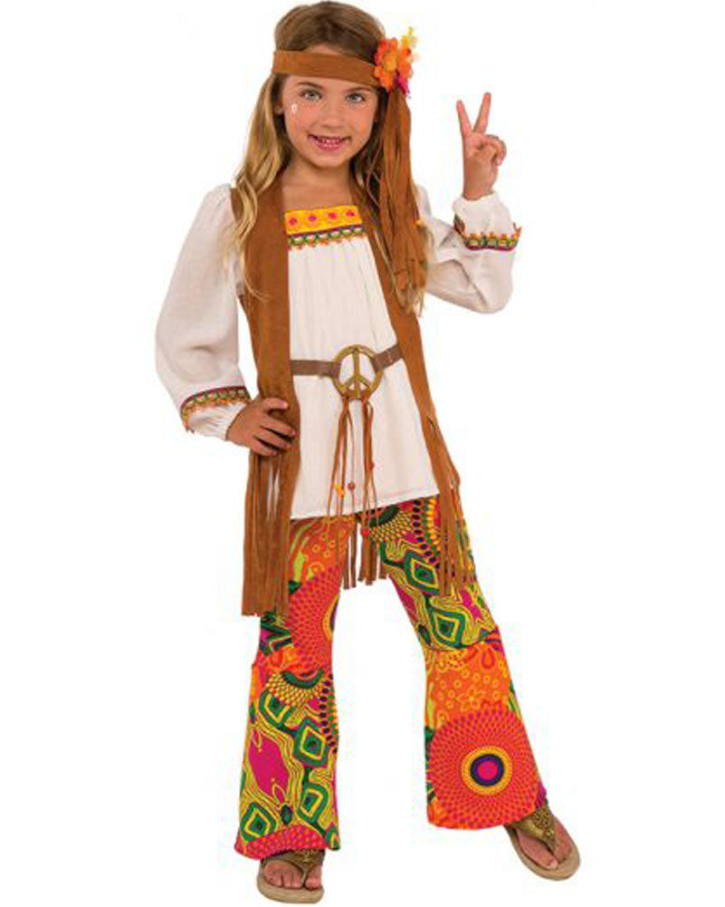 60s Flower Child Girls Costume - Hippie Outfit for Kids with Headband & Accessories - Perfect for Halloween, Dress Up Parties & Theme Events
