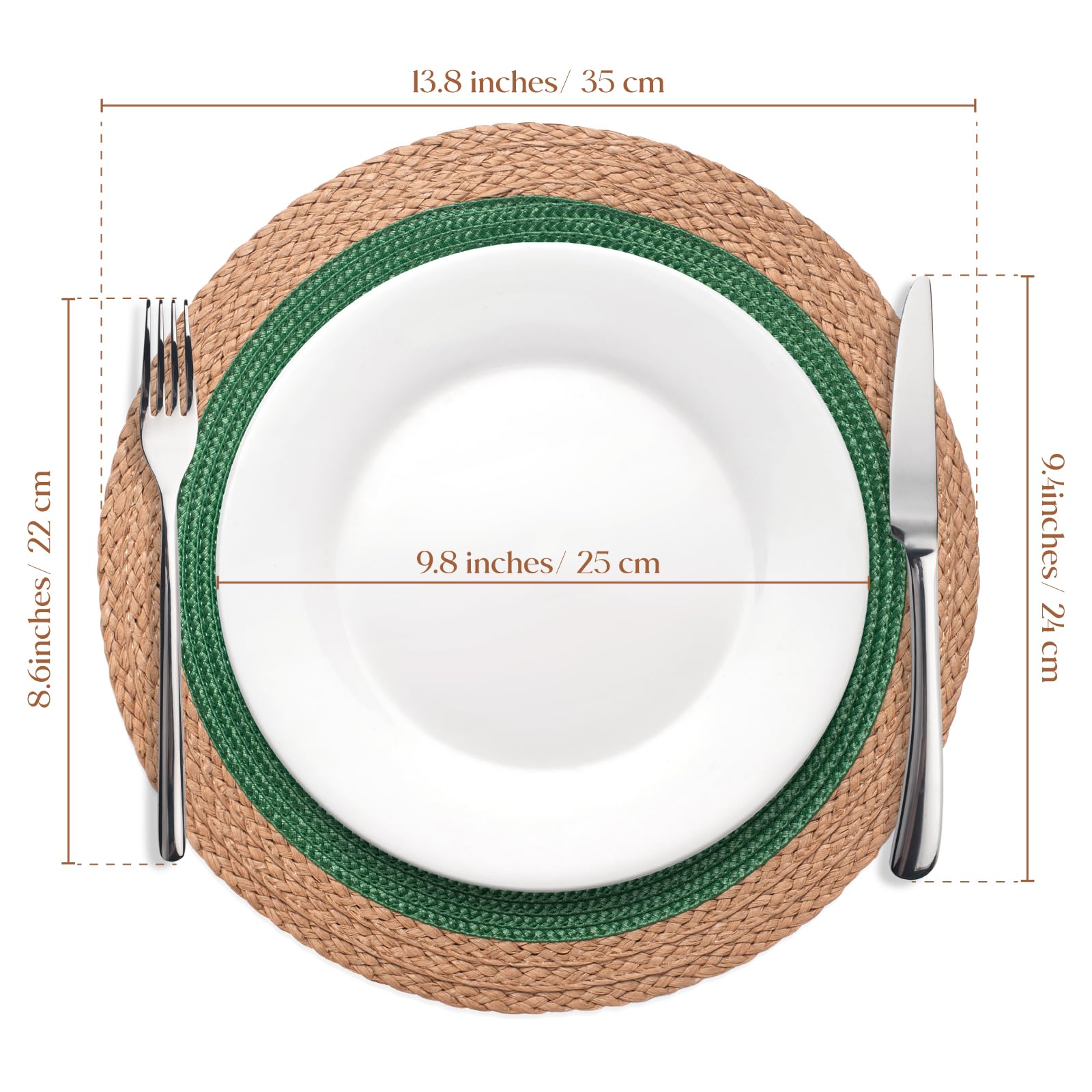 YANGQIHOME 13.8 Inch Round Placemats Set of 6 with Golden Table Runner - Waterproof & Heat Resistant Table Mats for Dining Table Decor - Perfect for Christmas, Thanksgiving, Party, Wedding & Everyday Use