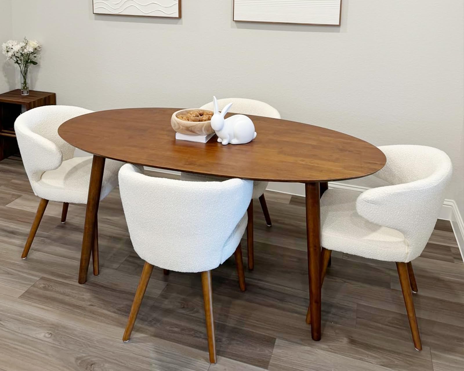 Mid Century Modern Sherpa Boucle Dining Chairs Set of 2 - Upholstered Curved Wingback Accent Arm Chairs with Solid Wood Legs in White | Perfect for Dining Room, Living Room & Home Office Decor
