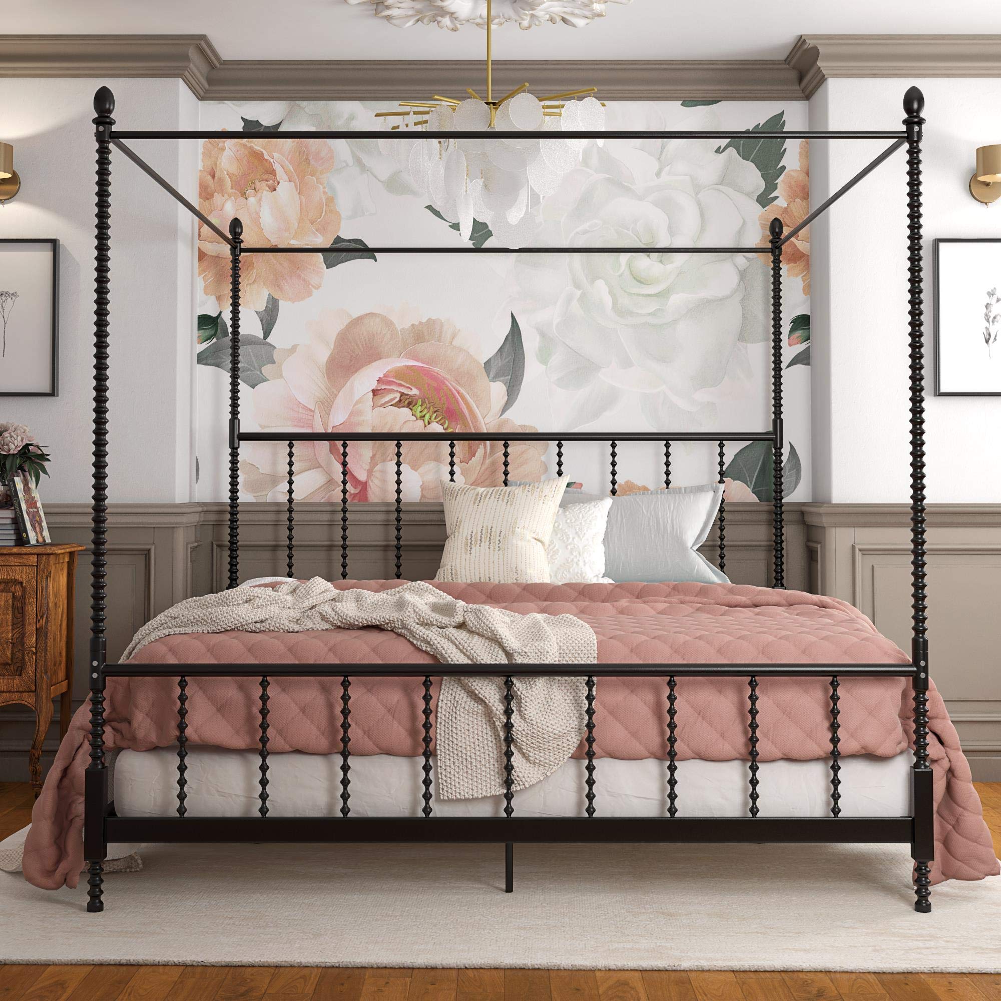 Pemberly Row King Size Canopy Bed Frame with Headboard & Footboard - Sturdy Metal Slats, No Box Spring Required, Easy Assembly - Perfect for Master Bedroom, Guest Room & Luxury Bedroom Decor