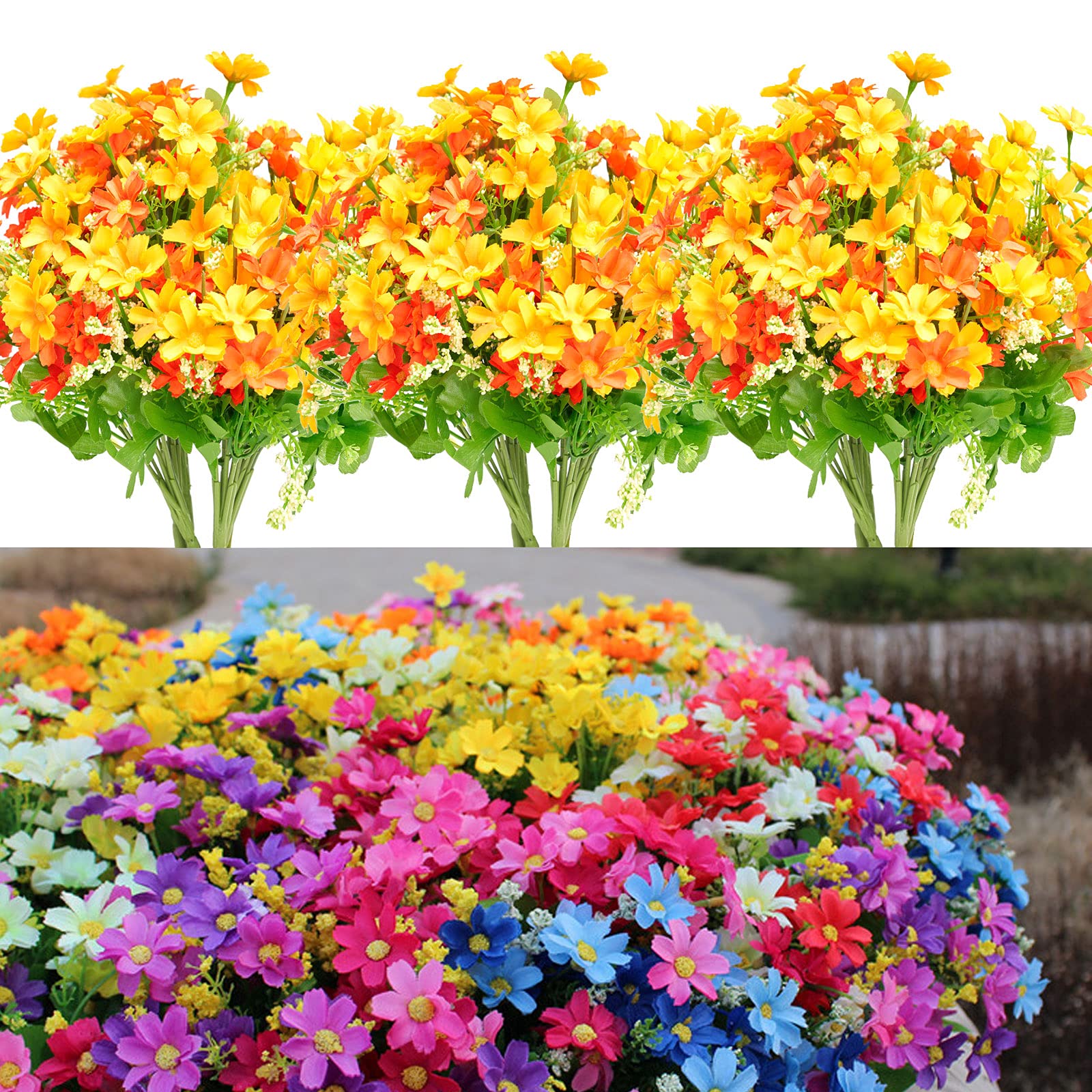 Pretty Jolly 18pcs UV Resistant Artificial Flowers for Outdoor Hanging Planters - Fake Silk Plants in Orange & Yellow for Home, Wedding, Porch, Window Decor - Farmhouse Fall Decoration Ideas for Seasonal Displays