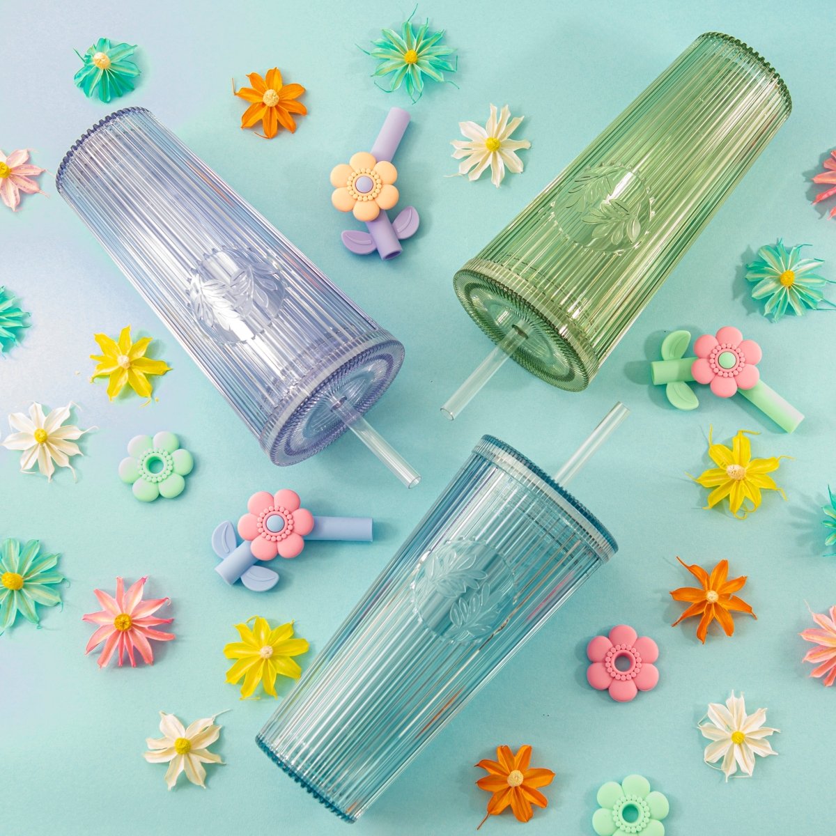 26oz Insulated Tumbler with Straw & Leak-Proof Lid - Cute Floral Silicone Straw Tips in Botanica Green - Perfect for Iced Coffee, Smoothies & Outdoor Activities