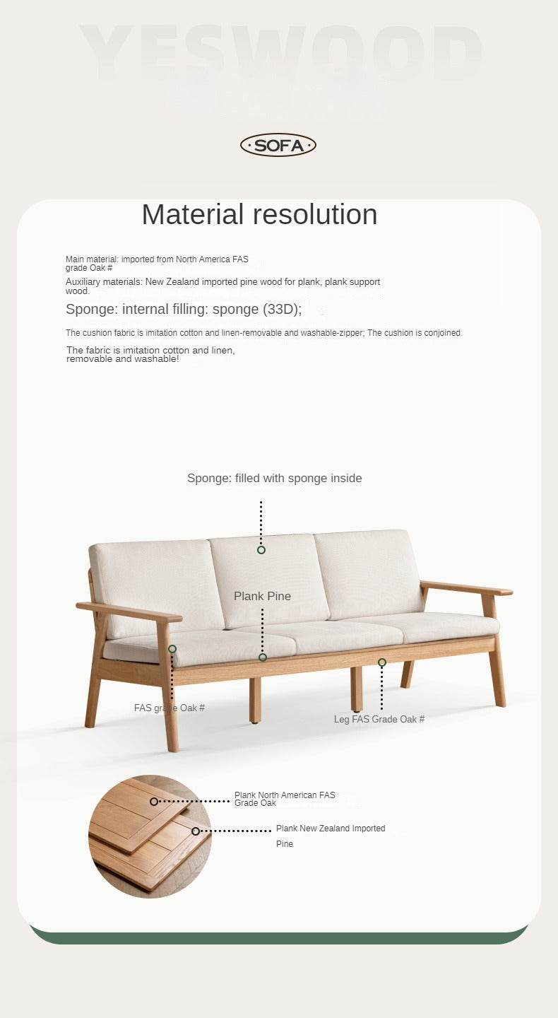 Japanese Style 3-Seater Fabric Sofa - Solid Oak & Pine Wood Frame - Perfect for Living Room, Lounge, or Zen Home Decor