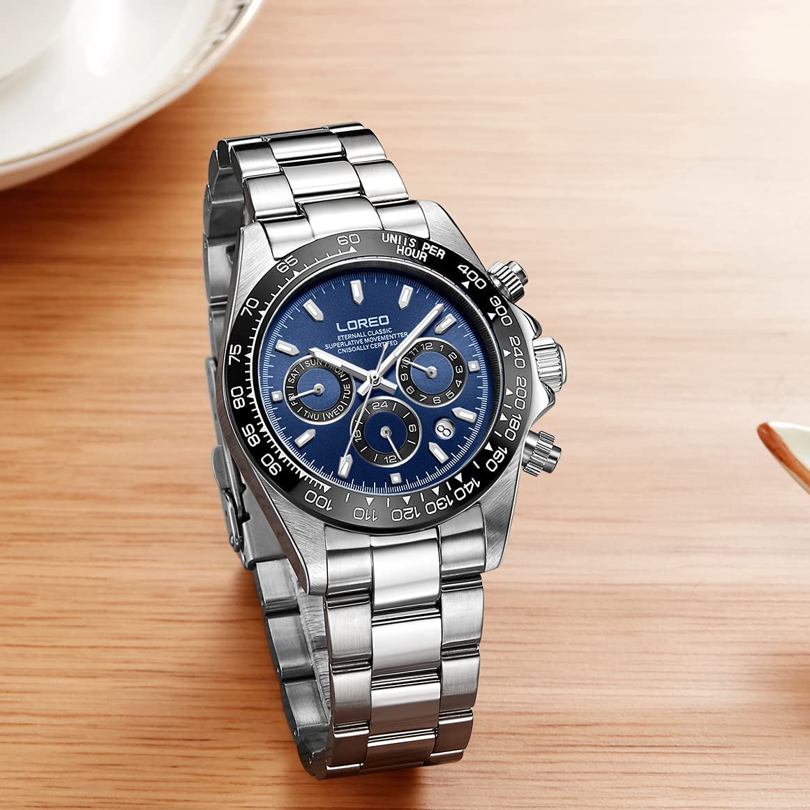 LOREO Men's Automatic Watch - Silver Stainless Steel, Sapphire Glass, Ceramic Bezel with Date Display - Military Diving Waterproof Watch (100M) for Outdoor Sports, Swimming & Everyday Wear