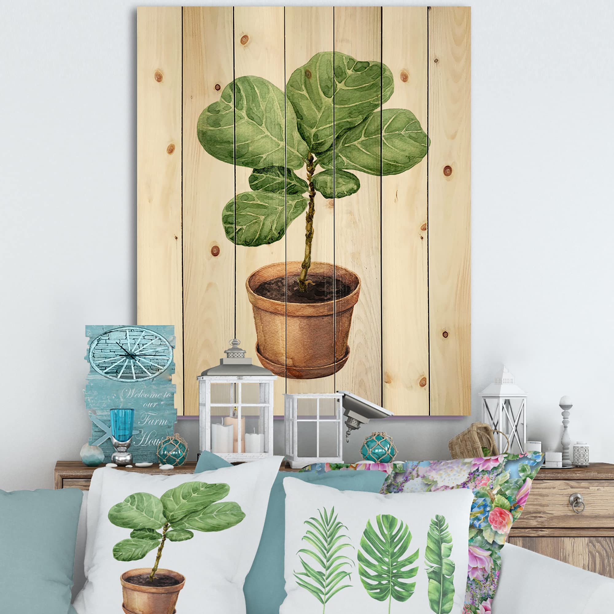 DesignQ Ficus Lyre Wall Art in Clay Pot - Large Floral Wood Wall Decor Panel Printed on Natural Pine - Traditional Wood Wall Hanging for Living Room, Bedroom & Office Decor