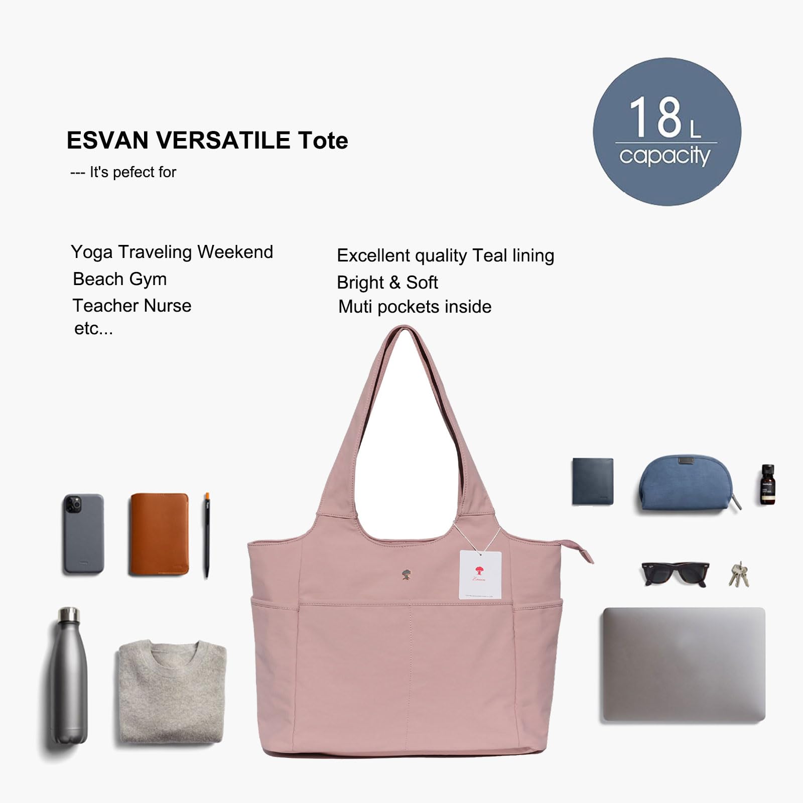 ESVAN Yoga Mat Bag for Women - Large Tote Shoulder Bag with Pockets, Waterproof Carryall for Gym, Workout, Travel, Office, Nurse & Beach - Perfect for Yoga Classes, Fitness Sessions & Daily Commute