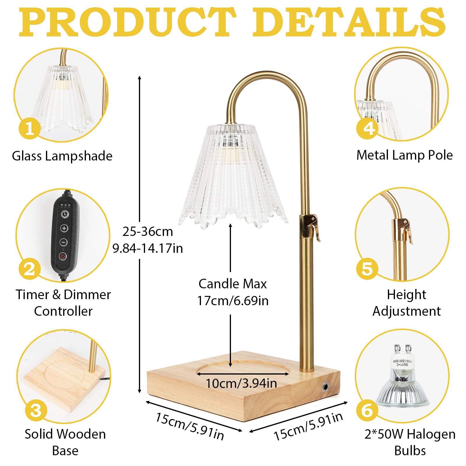 Electric Candle Warmer Lamp with Timer & Dimmer - Adjustable Height, Auto Shut-Off, Includes 2 Bulbs - Flameless Wax Melt Warmer for Home Decor, Gifts, Scented Jar Candles - Perfect for Bedroom, Living Room, Office Aromatherapy