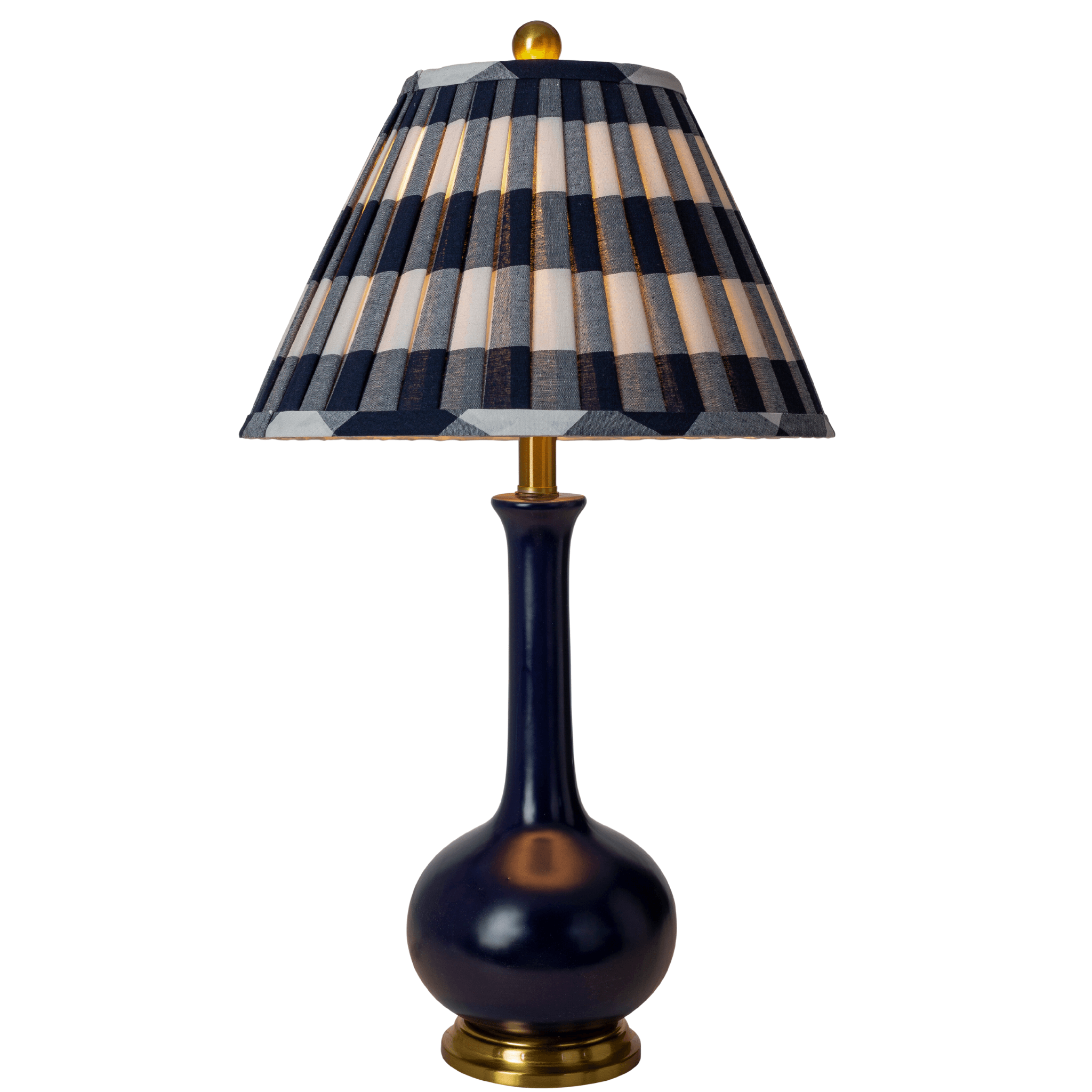 Blue Glazed Ceramic Table Lamp with Buffalo Plaid Shade - Modern Farmhouse Bedside Lighting for Living Room, Bedroom & Office Decor