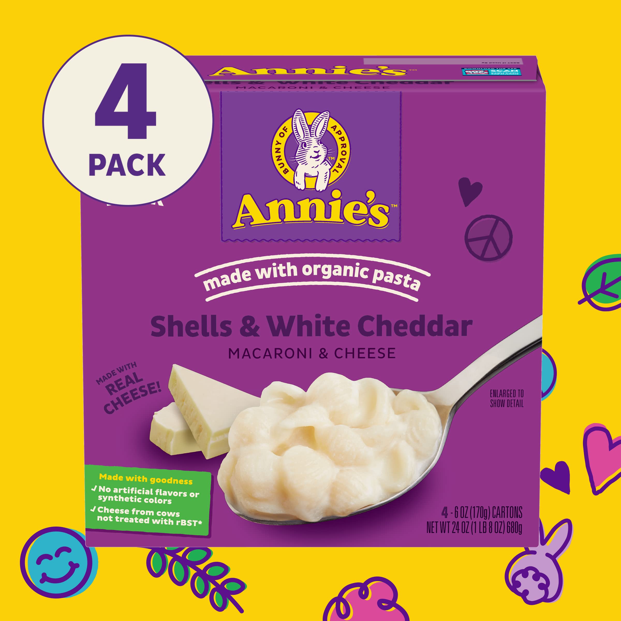 Organic Annie's Shells & White Cheddar Mac and Cheese - 4 Pack (24 oz) | Quick Dinner, Kids Lunch, or After-School Snack | Gluten-Free Pasta with Real Cheese