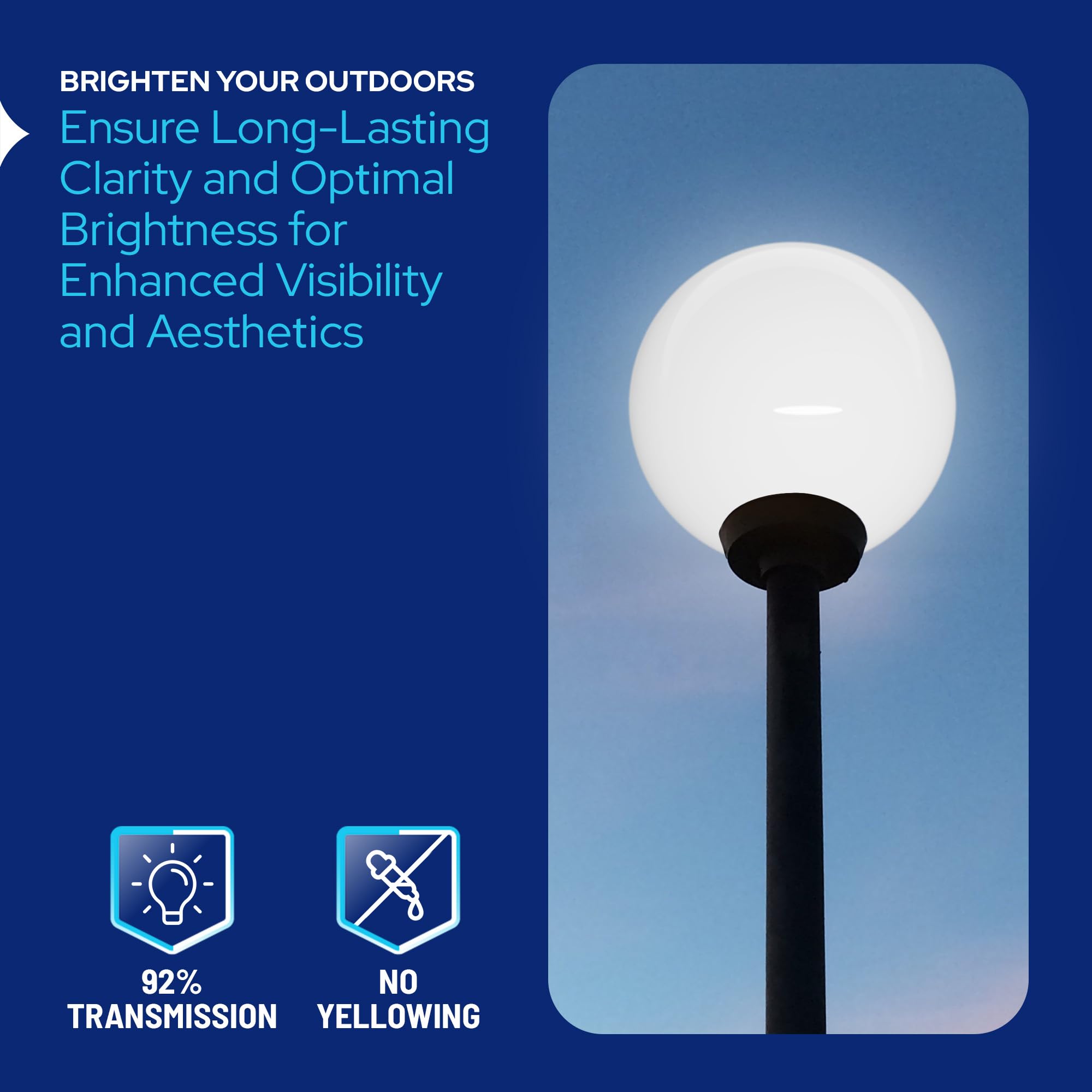 KastLite 18 Inch White Acrylic Outdoor Lamp Post Globe Light Diffuser - Smooth Textured with 8 Inch Fitter Neck Opening - USA Made Light Pole Fixture Replacement - Perfect for Porch, Garden, Pathway & Landscape Lighting