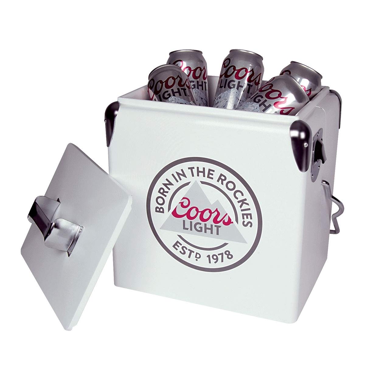 Coors Light Retro Ice Chest Cooler 13L (14 qt) - 18 Can Capacity, White & Silver Vintage Style Cooler with Bottle Opener | Perfect for Camping, Beach, Picnics, RV Trips, BBQs, Tailgating & Fishing Parties