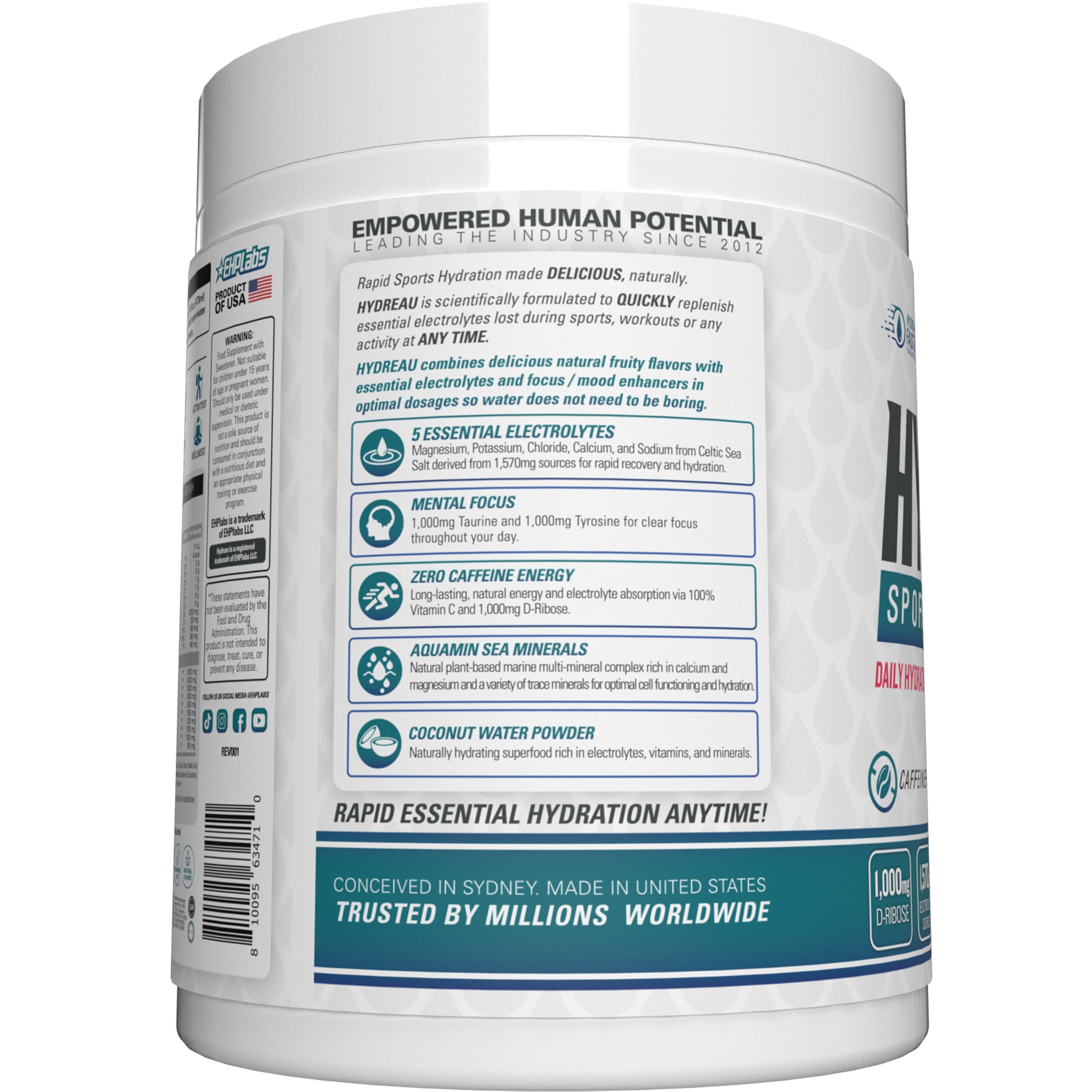 EHP Labs Hydreau Hydration Support Powder - 40 Servings | Electrolyte & Vitamin Supplement for Hydration & Recovery | Perfect for Workouts, Travel & Daily Hydration Needs
