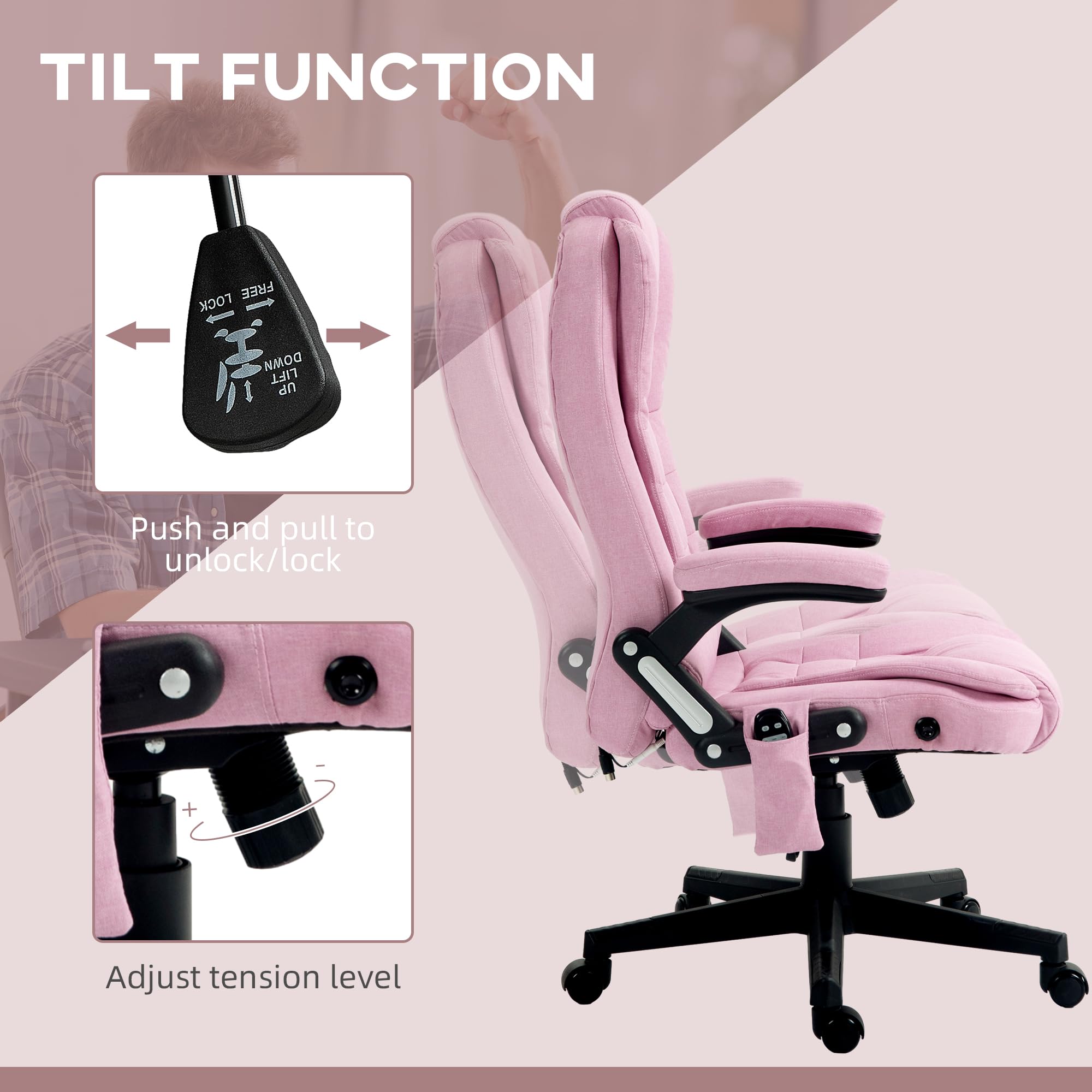 Vinsetto 6-Point Vibrating Massage Office Chair with Heating - High Back Executive Ergonomic Chair with Reclining Function, Padded Armrests & Remote Control (Pink) - Perfect for Home Office, Gaming & Relaxation