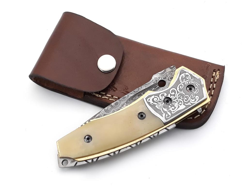 Premium Damascus Steel Pocket Knife with Bone Handle - Durable, Sharp Folding Knife for Camping, Hiking & Outdoor Adventures