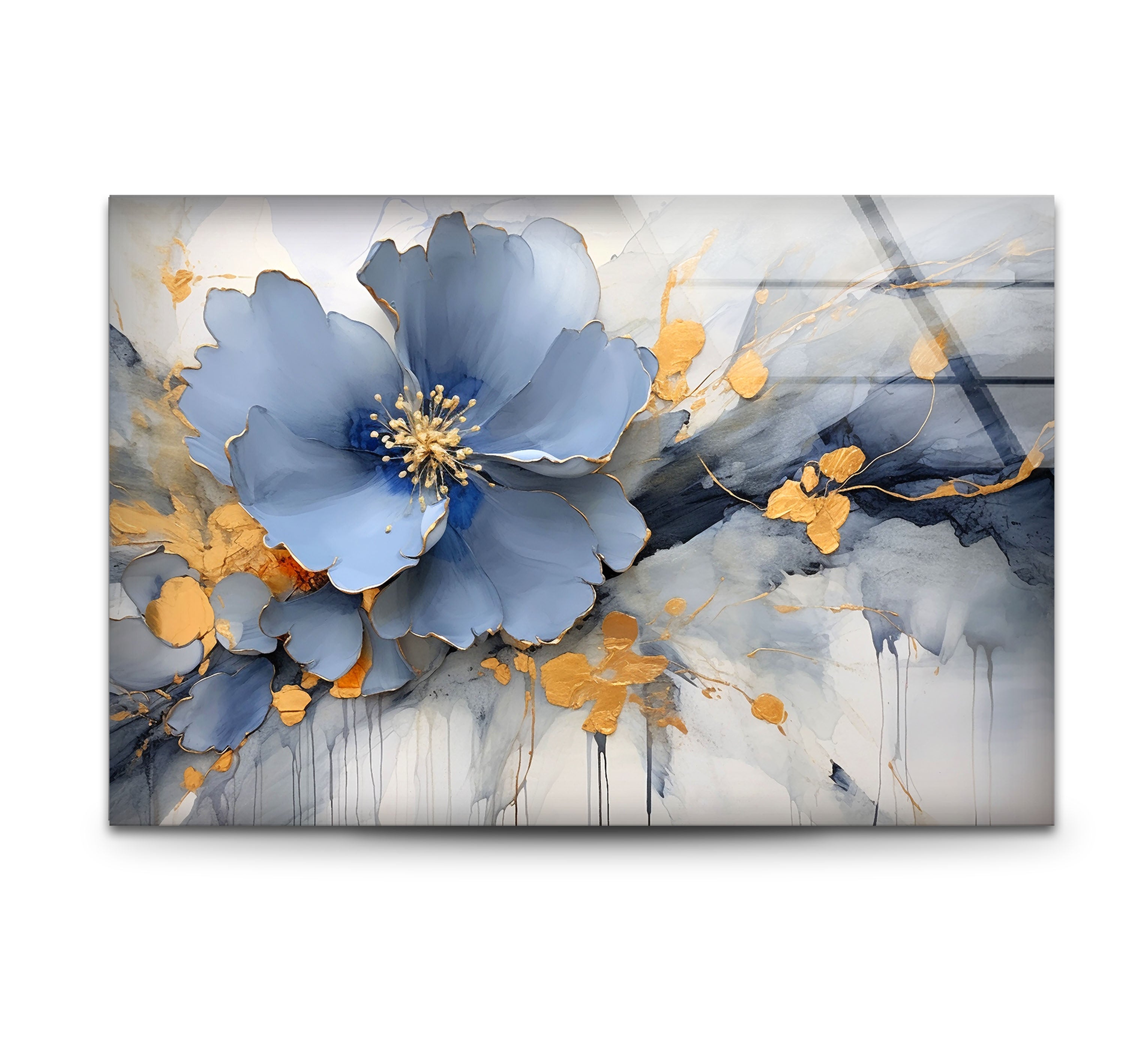 Blue Gold Blossom Wall Art - Elegant Floral Glass Print for Home Décor | Modern Botanical Painting for Living Room, Bedroom & Office | Perfect Housewarming Gift