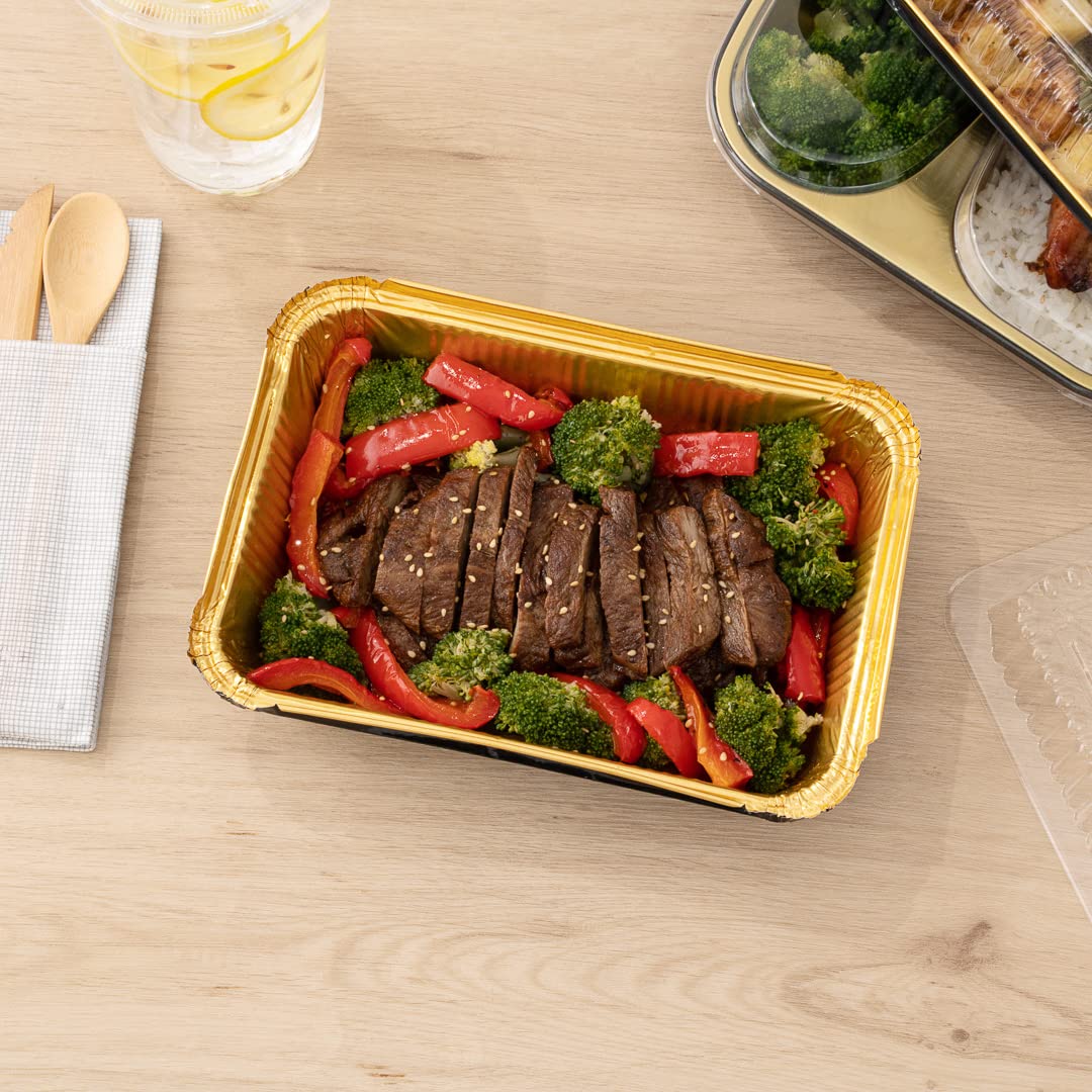 **Restaurantware Foil Lux 41 oz Heavy-Duty Aluminum Takeout Containers - 200 Recyclable Rectangle Black & Gold Foil Pans for Large Meals, Sides, Catering & Freezer Storage**