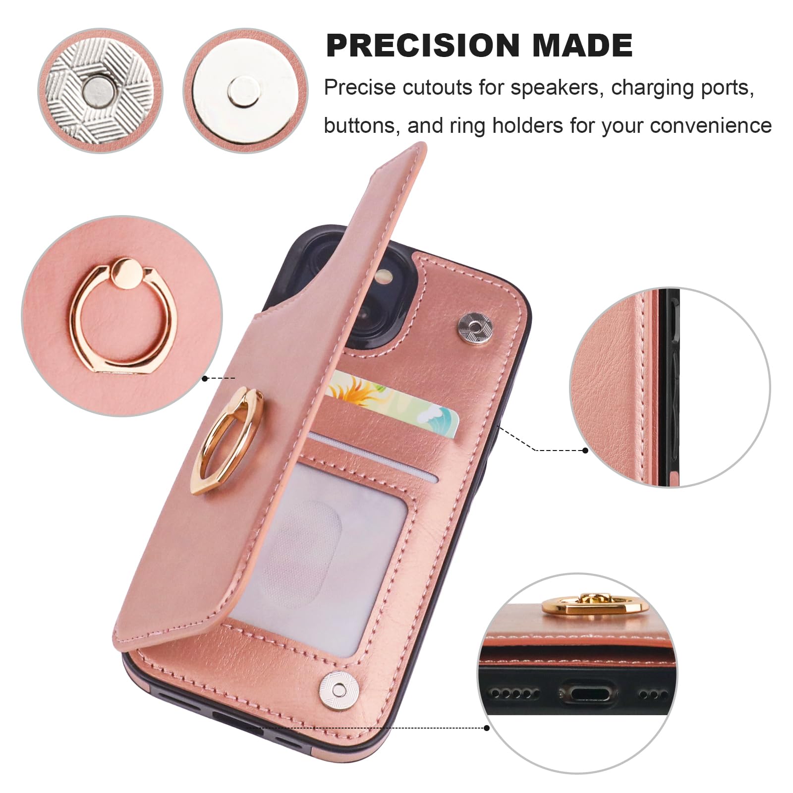 Premium 360° Rotating Ring Kickstand iPhone 15 Wallet Case with RFID Blocking - PU Leather Magnetic Clasp Shockproof Cover for Women (6.1