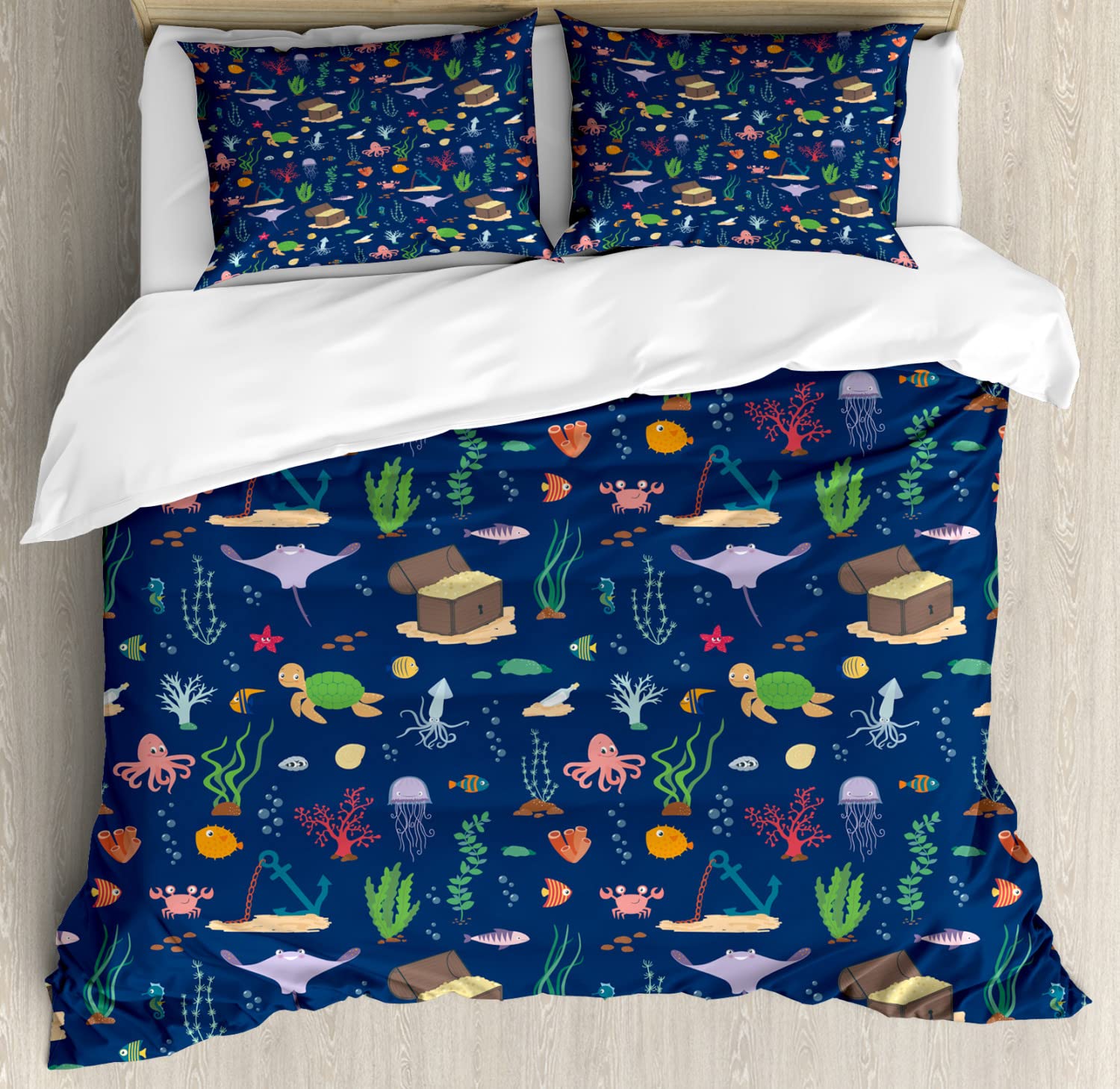 Ambesonne Aqua Jellyfish Duvet Cover Set - King Size 2-Pack with 4 Pillowcases | Underwater Ocean Theme Bedding in Night Blue Multicolor | Perfect for Beach House Decor, Kids' Room, or Marine Lover's Bedroom