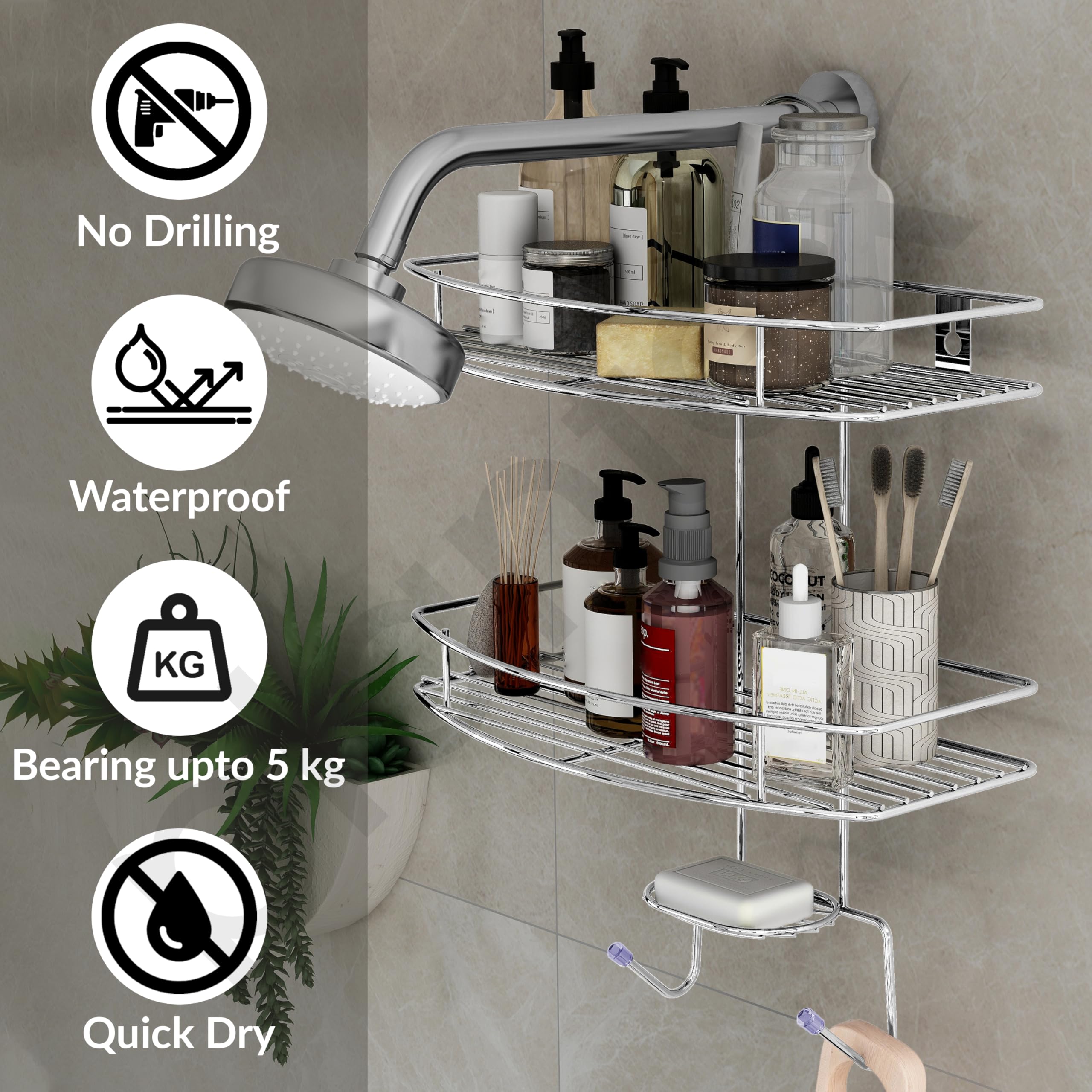 Plantex 5-in-1 Stainless Steel Shower Caddy with Soap Holder & Hooks - D-Shaped Bathroom Organizer (Large, Chrome Finish) - Perfect for Shower Storage & Bathroom Organization