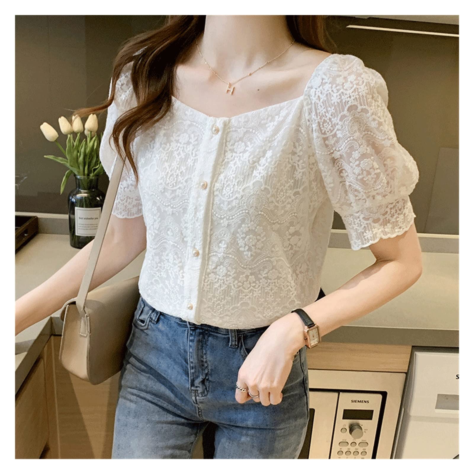Stylish Women's Summer Short Sleeve V-Neck Lace Blouse with Cutout Detail & Bubble Balloon Sleeves - Square Neck Design (Color A, Size XXL) | Perfect for Beach Outings, Date Nights & Casual Summer Wear