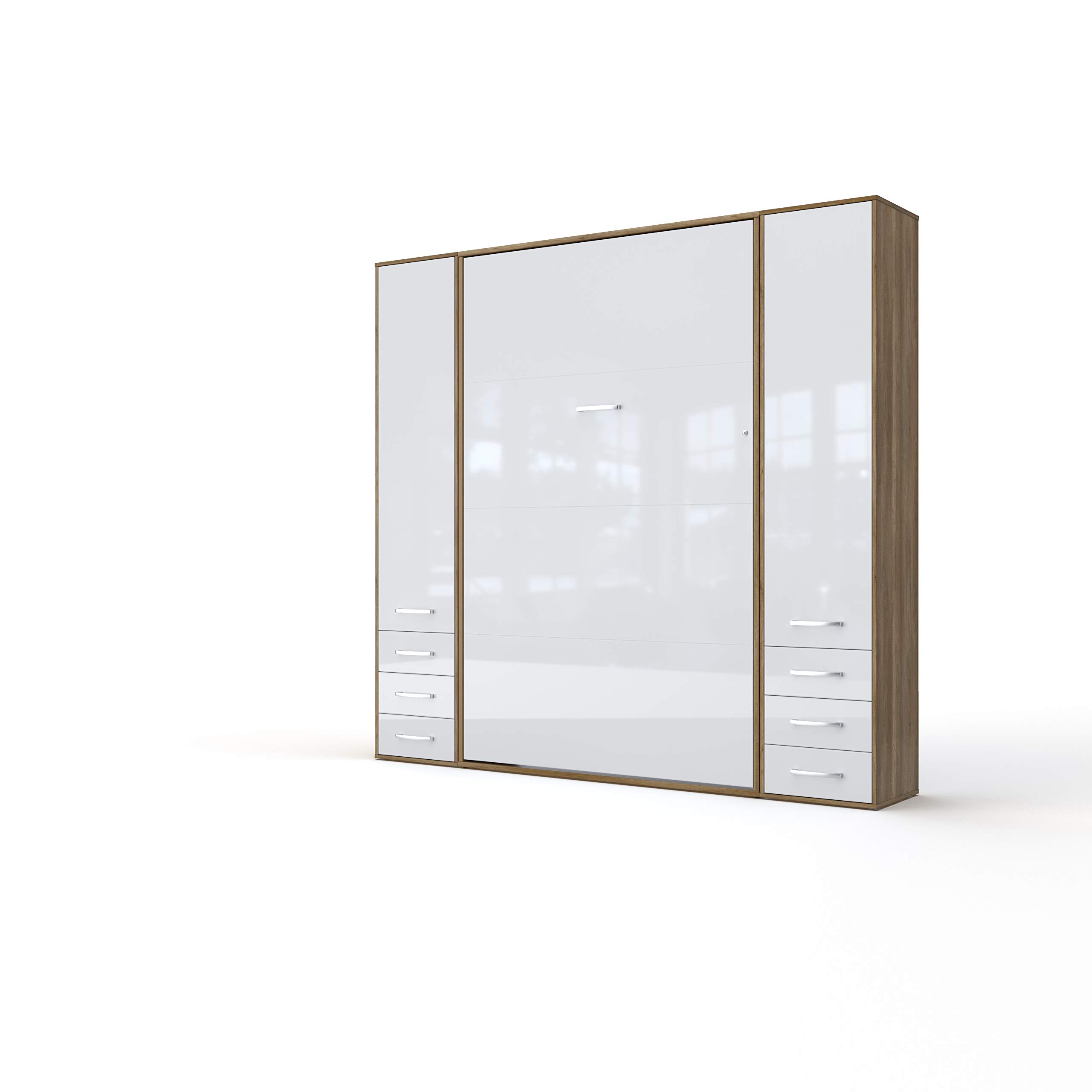 Vertical Wall Bed with Mattress - European Full Size with 2 Cabinets (Oak Country/White Gloss) - Space Saving Murphy Bed for Small Apartments & Guest Rooms