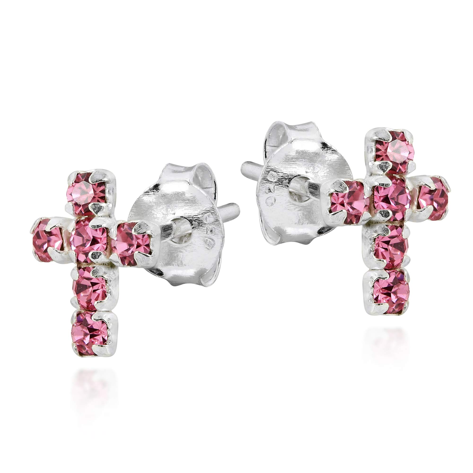 Aeravida Cute Petite Cross Sweet Pink CZ .925 Sterling Silver Mini Stud Earrings for Women | Dainty Religious Jewelry Gift for Her | Perfect for Everyday Wear, Church, Baptism & Special Occasions