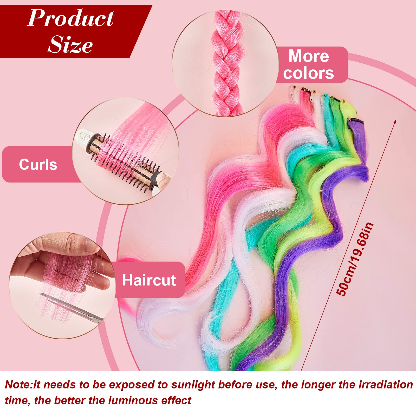 20 Pcs Glow in the Dark Hair Extensions - Luminous Synthetic Hair Clips for Women & Kids - 10 Vibrant Neon Colors (Curly Style) - Perfect for Parties, Raves, Halloween & DIY Hairstyles