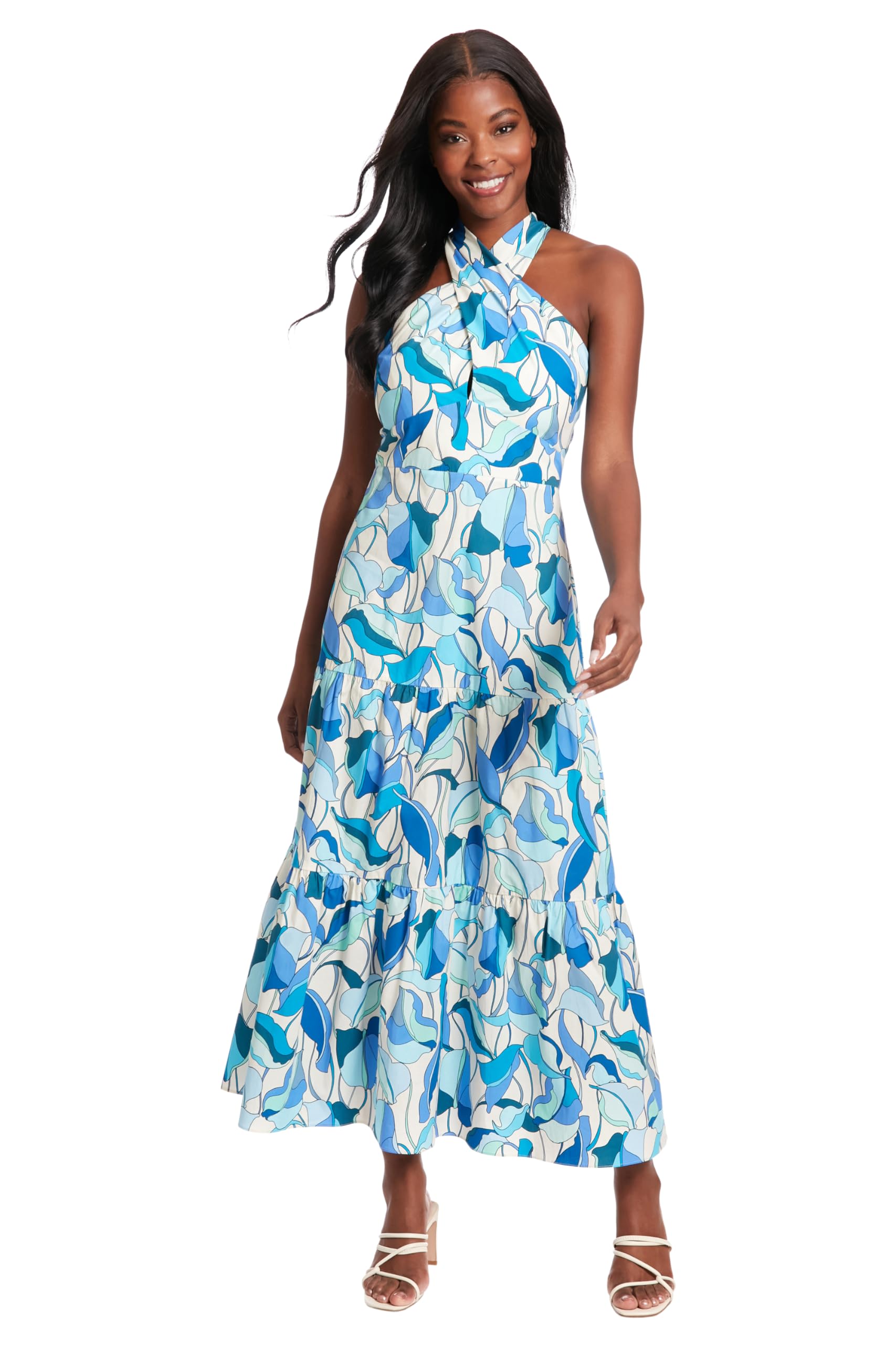 London Times Women's Criss-Cross Halter Neck Tiered Maxi Summer Dress - Versatile Flowy Beach Cover Up, Wedding Guest & Vacation Outfit
