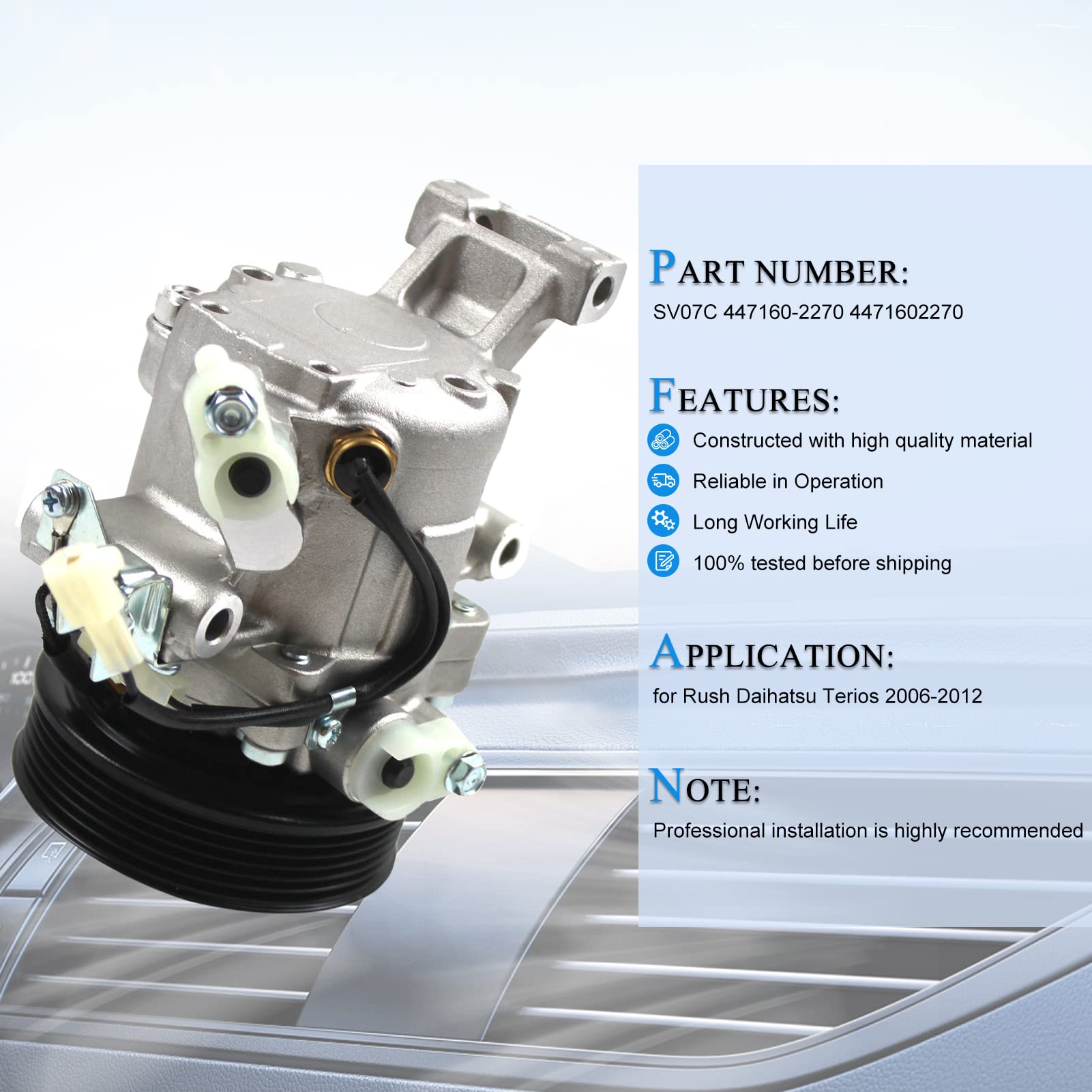 PANGOLIN SV07C 447160-2270 A/C Compressor Replacement for 2006-2012 Daihatsu Terios & Toyota Rush - High Performance Air Conditioning System Part - Perfect for Summer Cooling and Long Road Trips