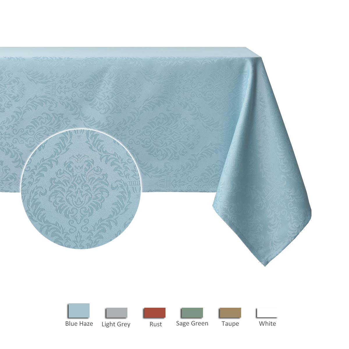 Premium Spillproof Wrinkle-Resistant Heavyweight Square Tablecloth - 52x52 Inch Damask Pattern Blue Haze - Soft Durable Fabric for Kitchen, Dining Table, Outdoor Picnic & Party Decor