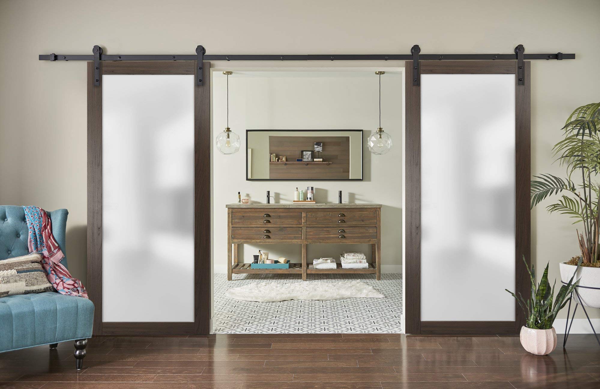 56x84 Sliding Double Barn Door with Lite Glass - Planum 2102 Chocolate Ash Finish | 13FT Rail System with Hangers & Stops | Modern Solid Core Wood Interior Door for Bedroom, Closet, or Living Room Partition