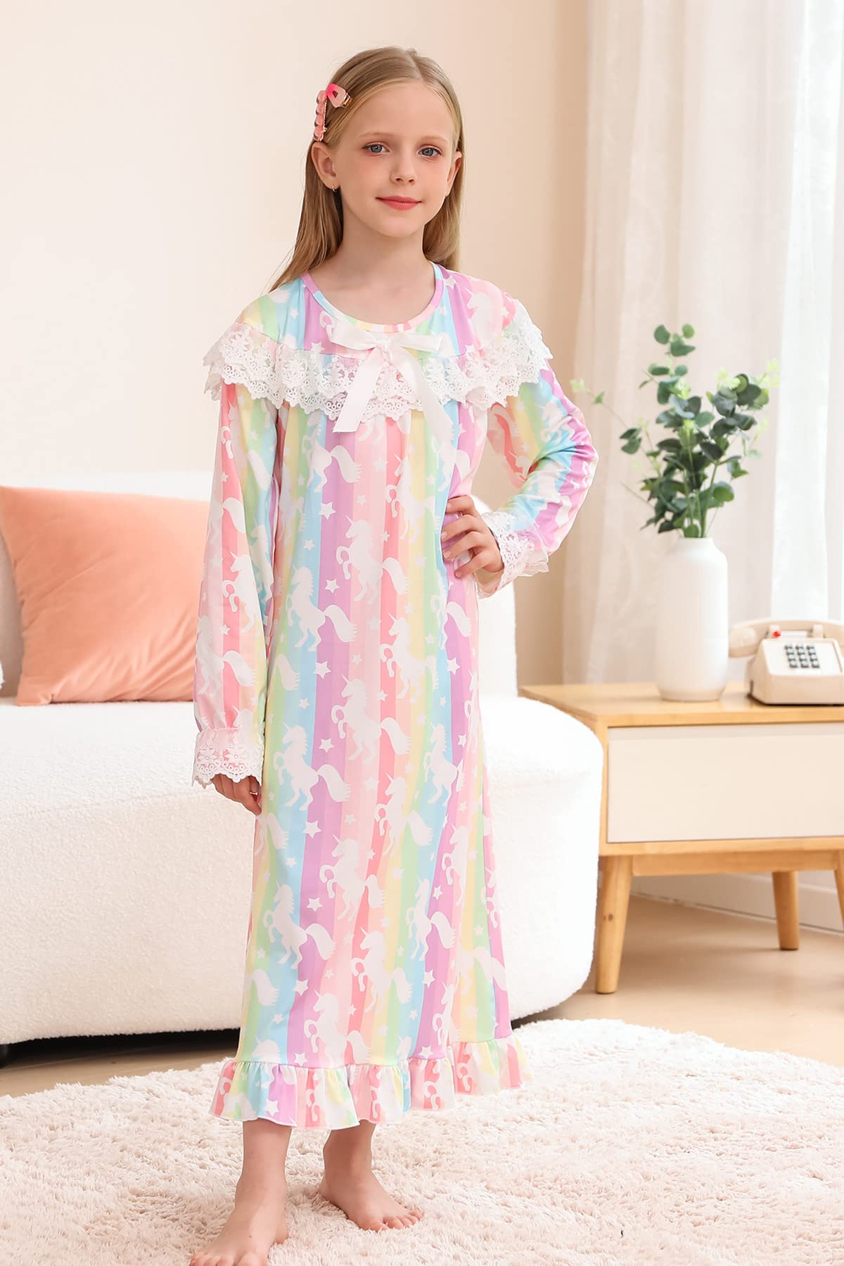 Lovekider Girls Christmas Nightgowns - Cute Lace Xmas Pajama Dress Long Sleeve Princess Nightdress for Holiday Sleepwear (4-12 Years) | Perfect for Christmas Eve, Winter Sleepovers & Family Photos