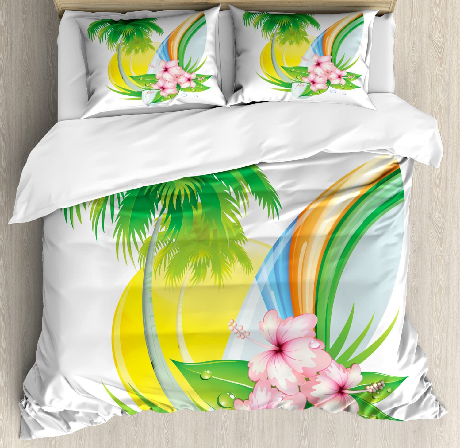 Ambesonne Surf Duvet Cover Set - King Size 2-Pack with 2 Duvet Covers & 4 Pillowcases, Funky Summer Beach Design Featuring Palm Trees, Surfboard & Tidal Wave Print in Vibrant Green, Yellow & Pink - Perfect for Coastal Bedrooms, Beach House Decor & Summer-Themed Guest Rooms