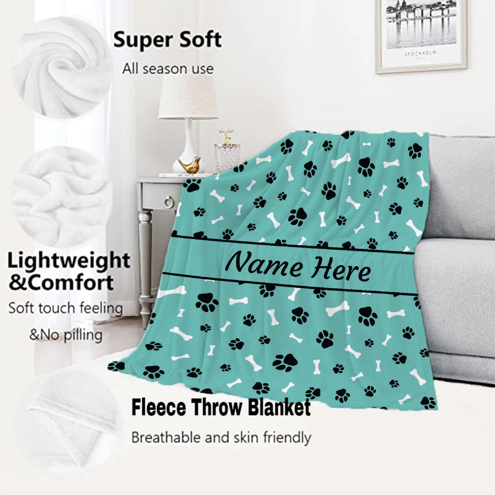 **Personalized Dog Blanket - Custom Name Pet Blanket for Dogs, Puppies - Soft Cozy Fleece Throw Blanket for Bed, Sofa & Travel - Perfect Gift for Dog Lovers, Mom, Dad - Cute Paws & Bones Design**    *(Use Scenes: Great for snuggling at home, keeping your pet warm during travel, or as a thoughtful gift for dog lovers!)*