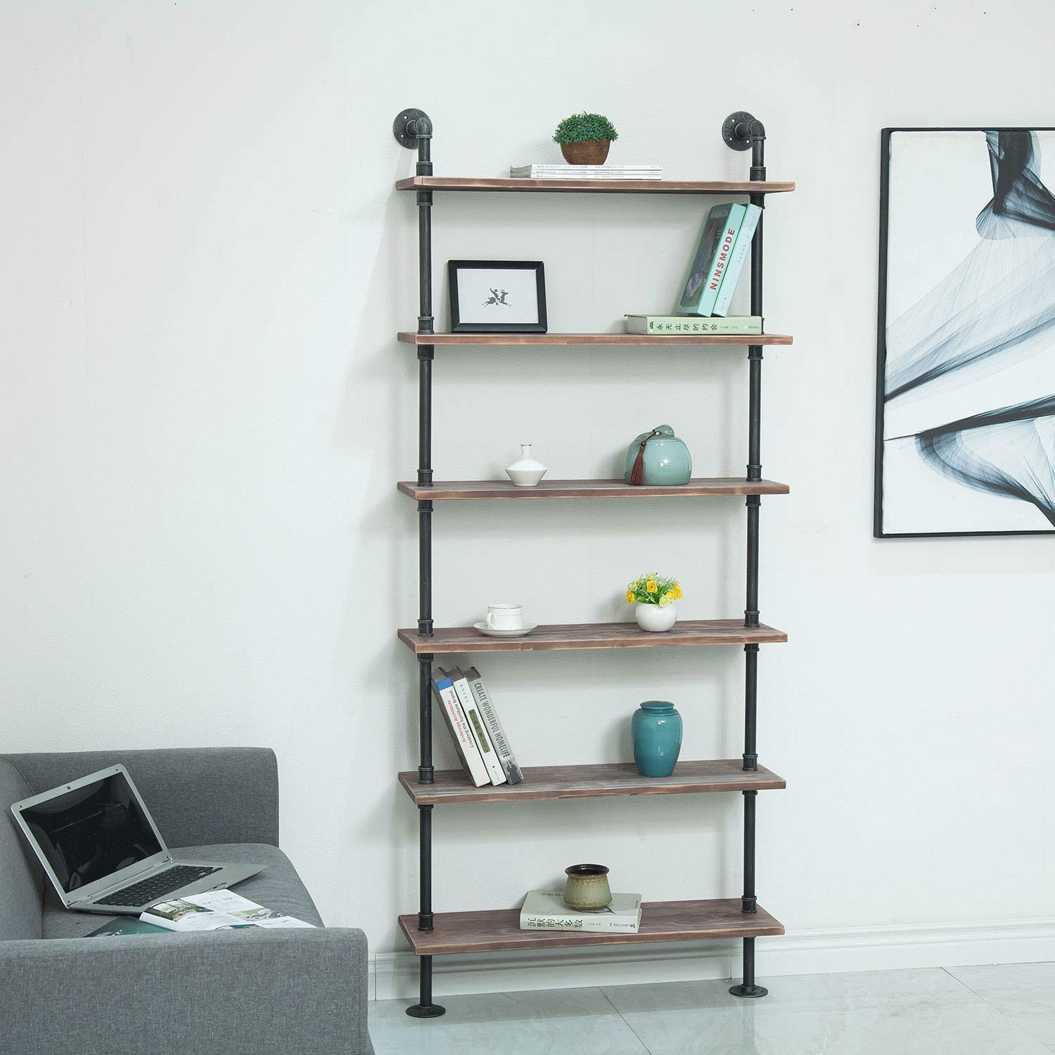 Industrial Pipe Shelves - Rustic Wood Ladder Bookshelf Wall Mounted Shelf for Living Room Decor & Storage (32in, 6 Layers) - Perfect for Home Office, Bedroom, and Kitchen Organization