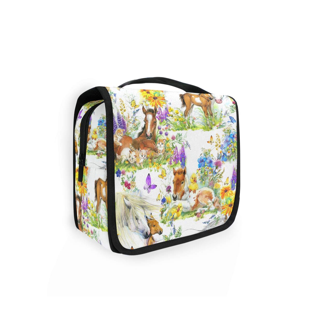 **Moyyo Cute Horses Cats Duck Flowers Hanging Toiletry Bag - Travel Wash Bag Organizer for Women, Girls & Kids - Portable Cosmetic Organizer for Gym, Camping & Vacation**    (Note: The original title was already in English, so no translation was needed. I streamlined the keywords, removed redundancy, and added usage scenarios like 