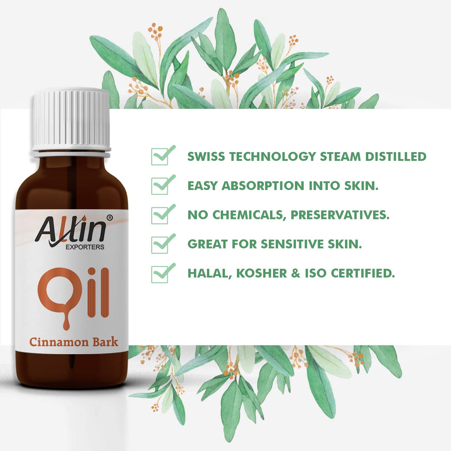 100% Pure Natural Cinnamon Bark Oil - Therapeutic Grade for Skin Care, Acne Treatment, Hair Growth & Aromatherapy | Use for Face Massage, Diffuser Blends & Relaxation (30ml) - Allin Exporters